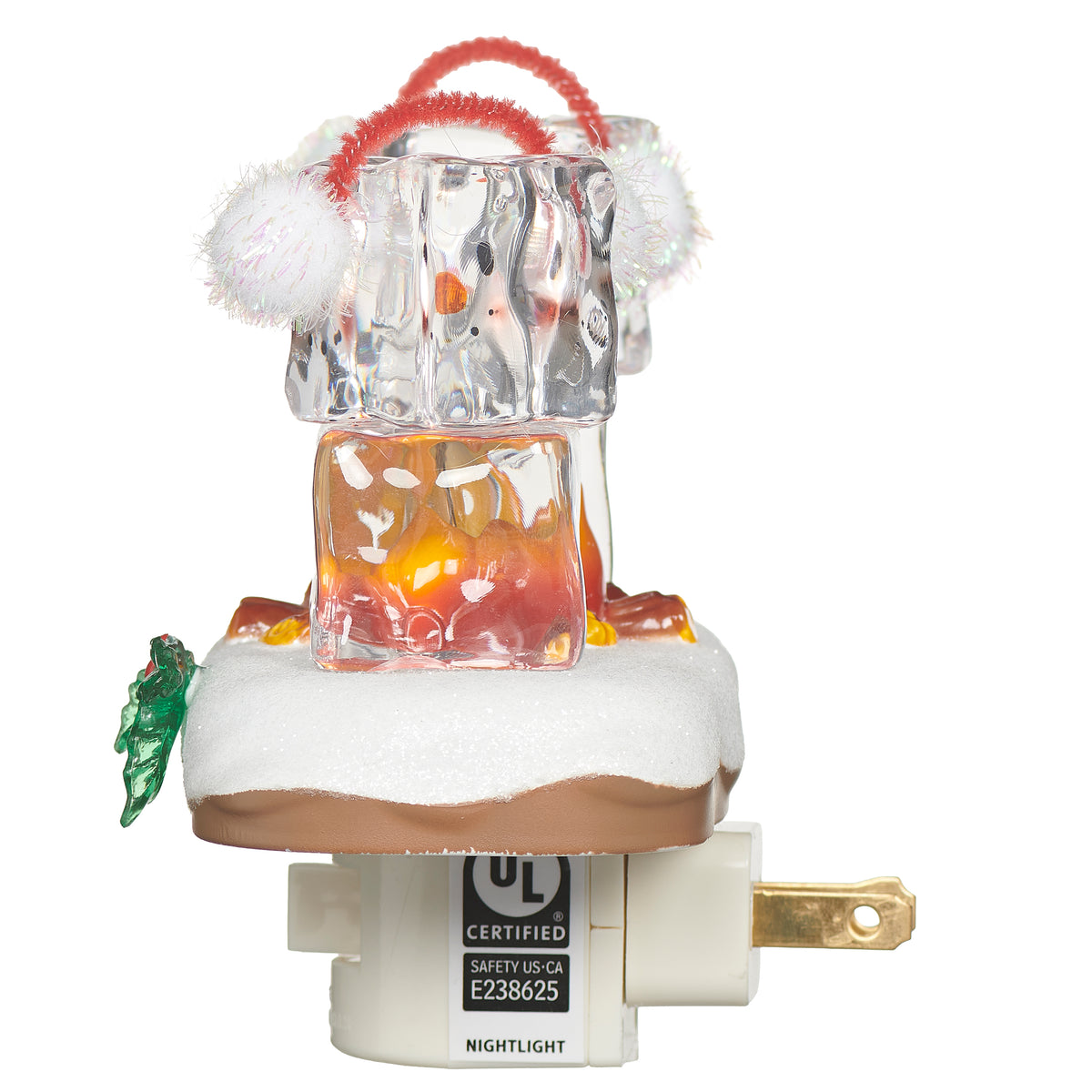 Rear angled view of Ice Cube Couple Campfire Night-Light showing the winter accessories, campfire scene, and plug-in base