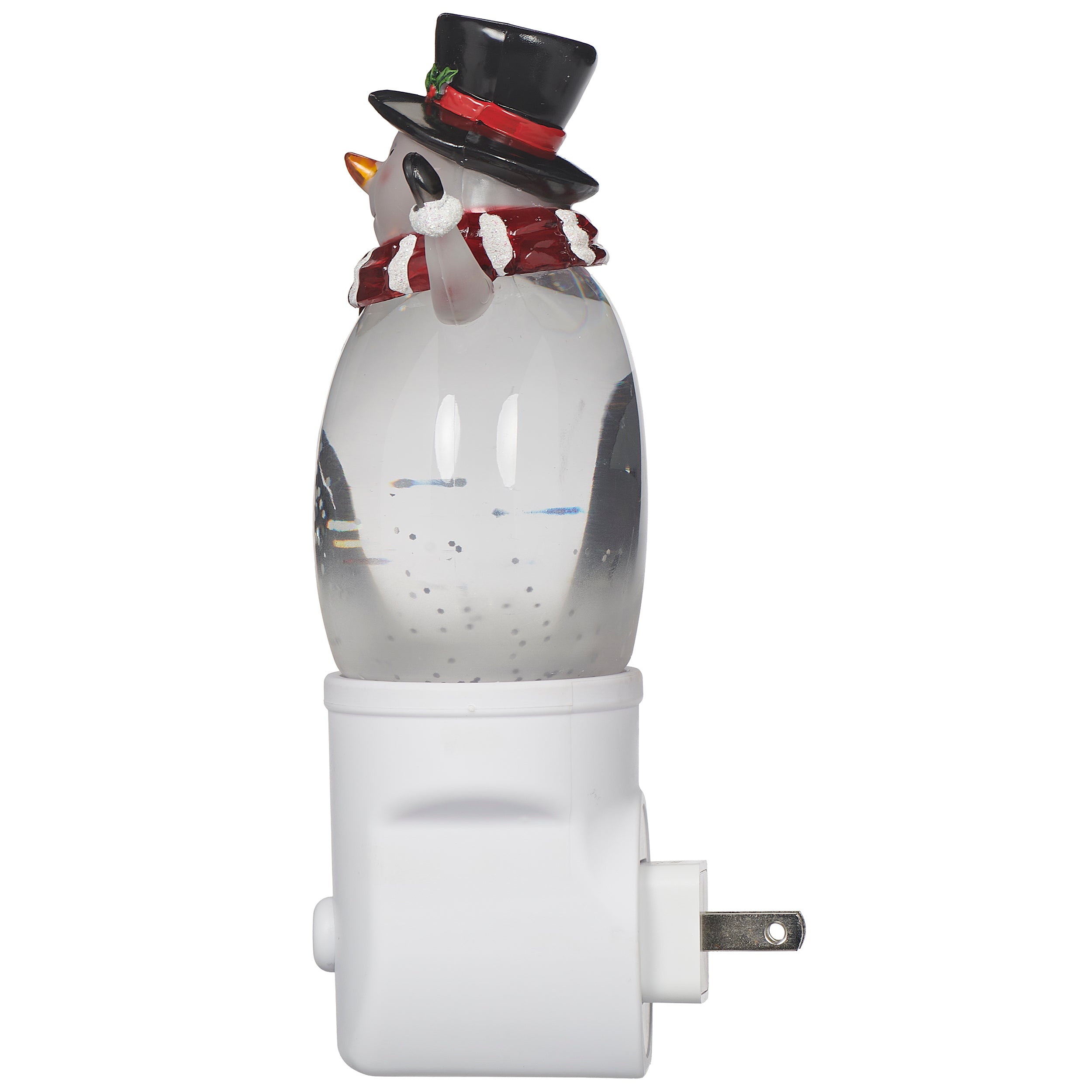 Snowman night light with a black top hat and red scarf on a white background