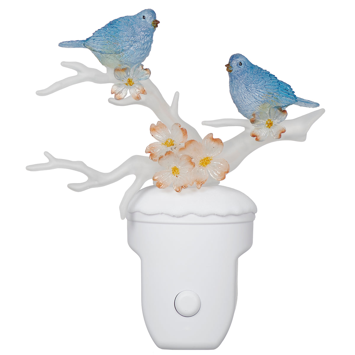 Front view of Blue Birds on a Dogwood Branch Night-Light showing two blue birds, white blossoms, and the white plug-in base