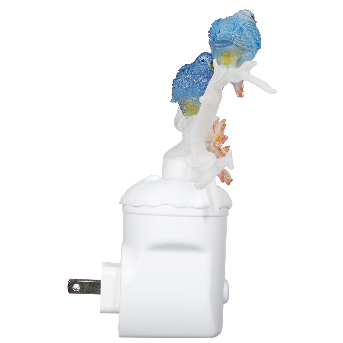 Opposite side view of Blue Birds on a Dogwood Branch Night-Light showing the blue birds, dogwood blossoms, and plug adapter