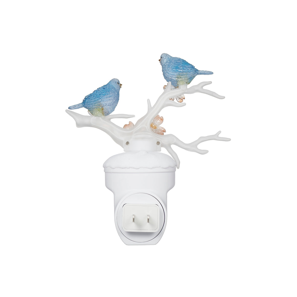 Front view of blue bird night-light with two birds on flowering dogwood branches above a white adapter base.