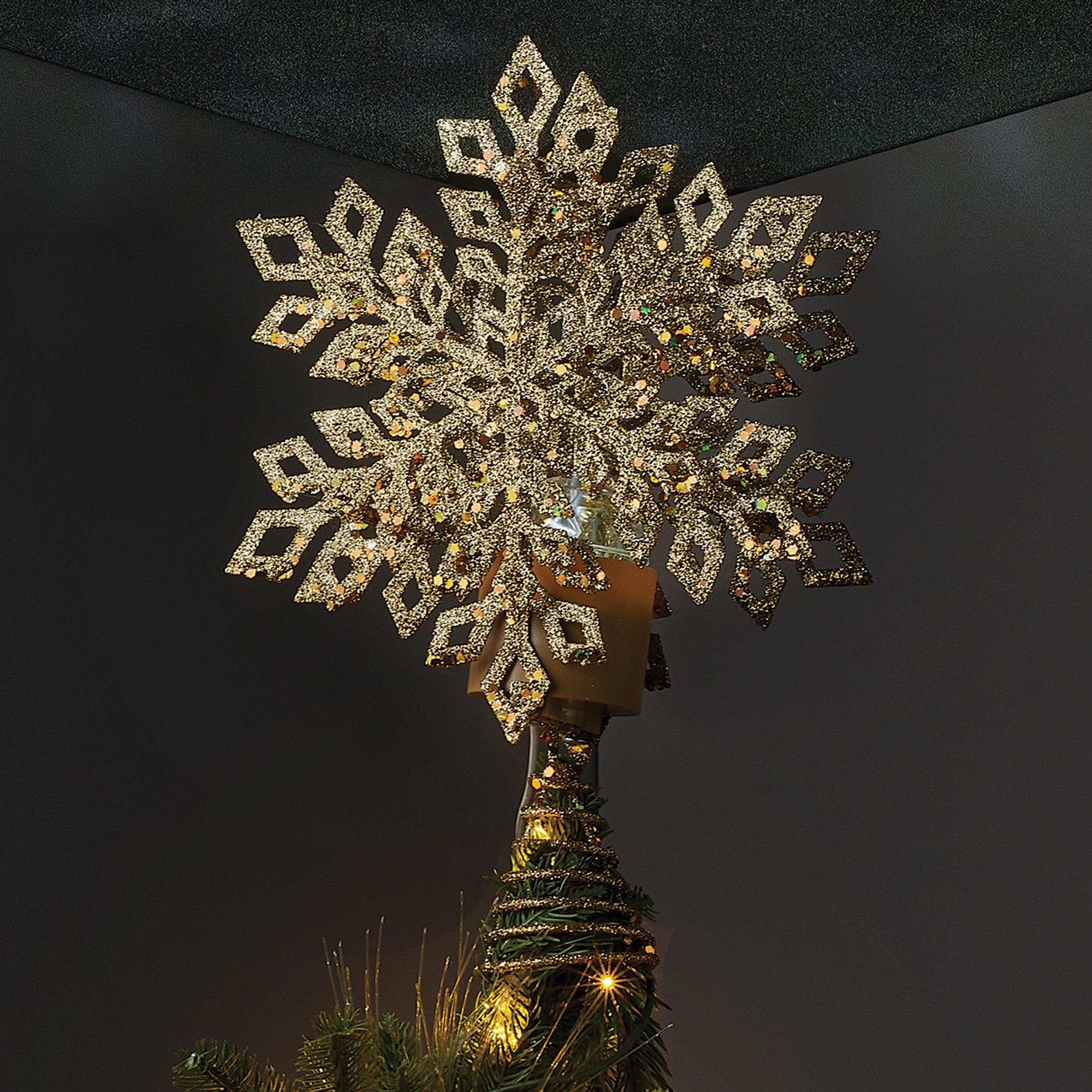 Lighted Gold Snowflake Treetopper with Rotating Ceiling Projection