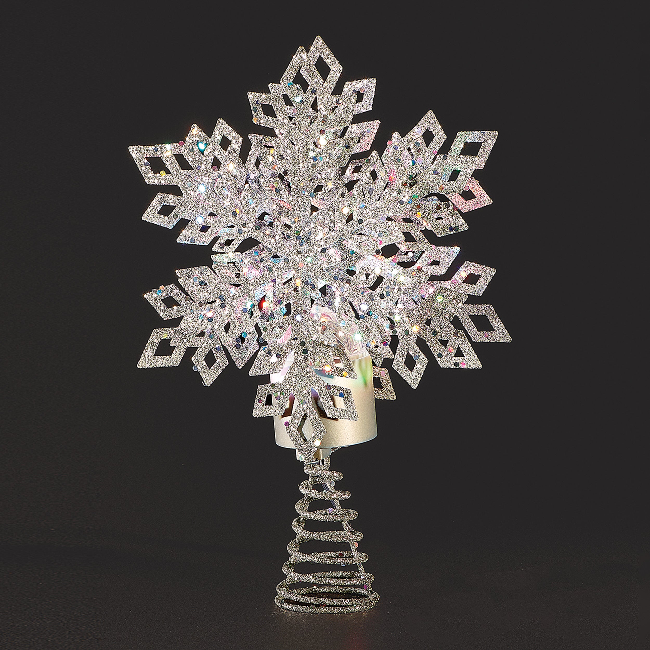 Lighted Silver Snowflake Treetopper with Tri-Color Rotating Ceiling Projection