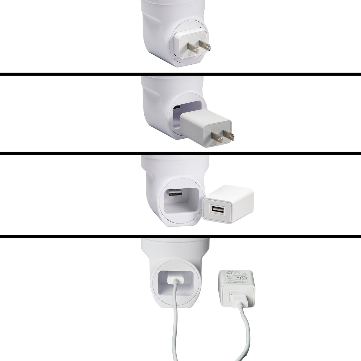 Close-up sequence showing the night-light’s USB connector, detachable plug adapter, and USB cable connection.