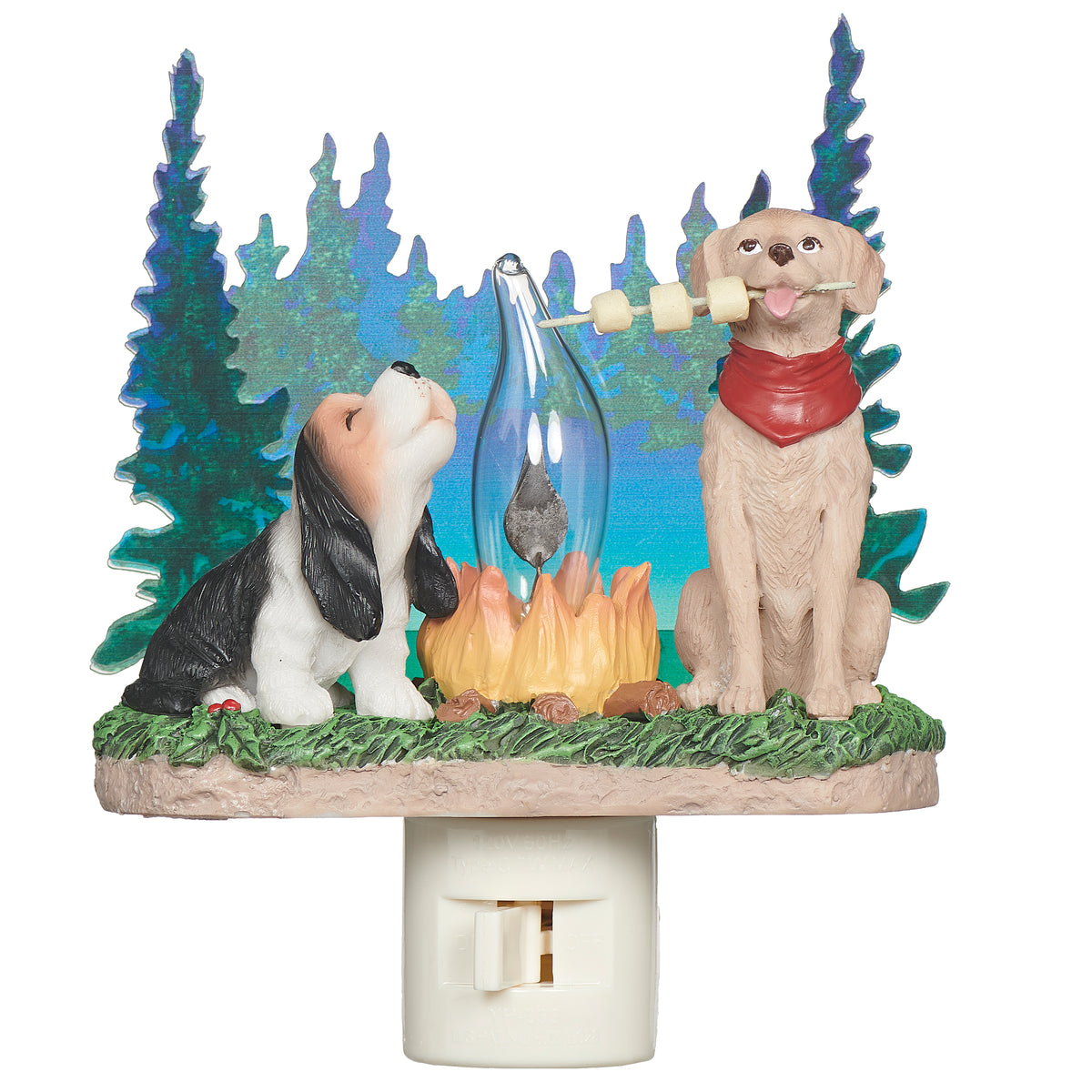 Decorative night light with two dogs by a campfire, one holding a marshmallow stick