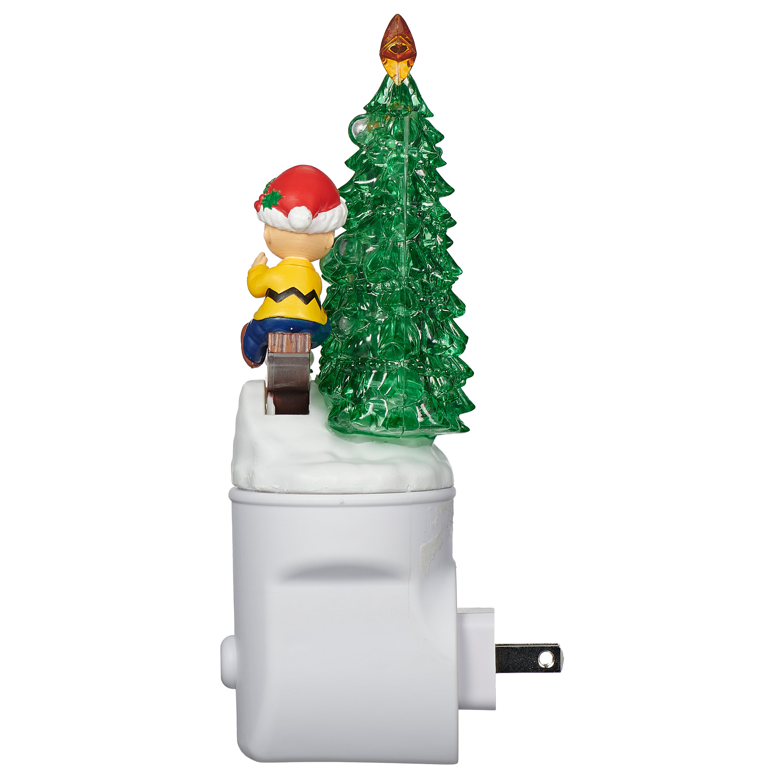 Christmas-themed night light with a small figure and tree on a white background