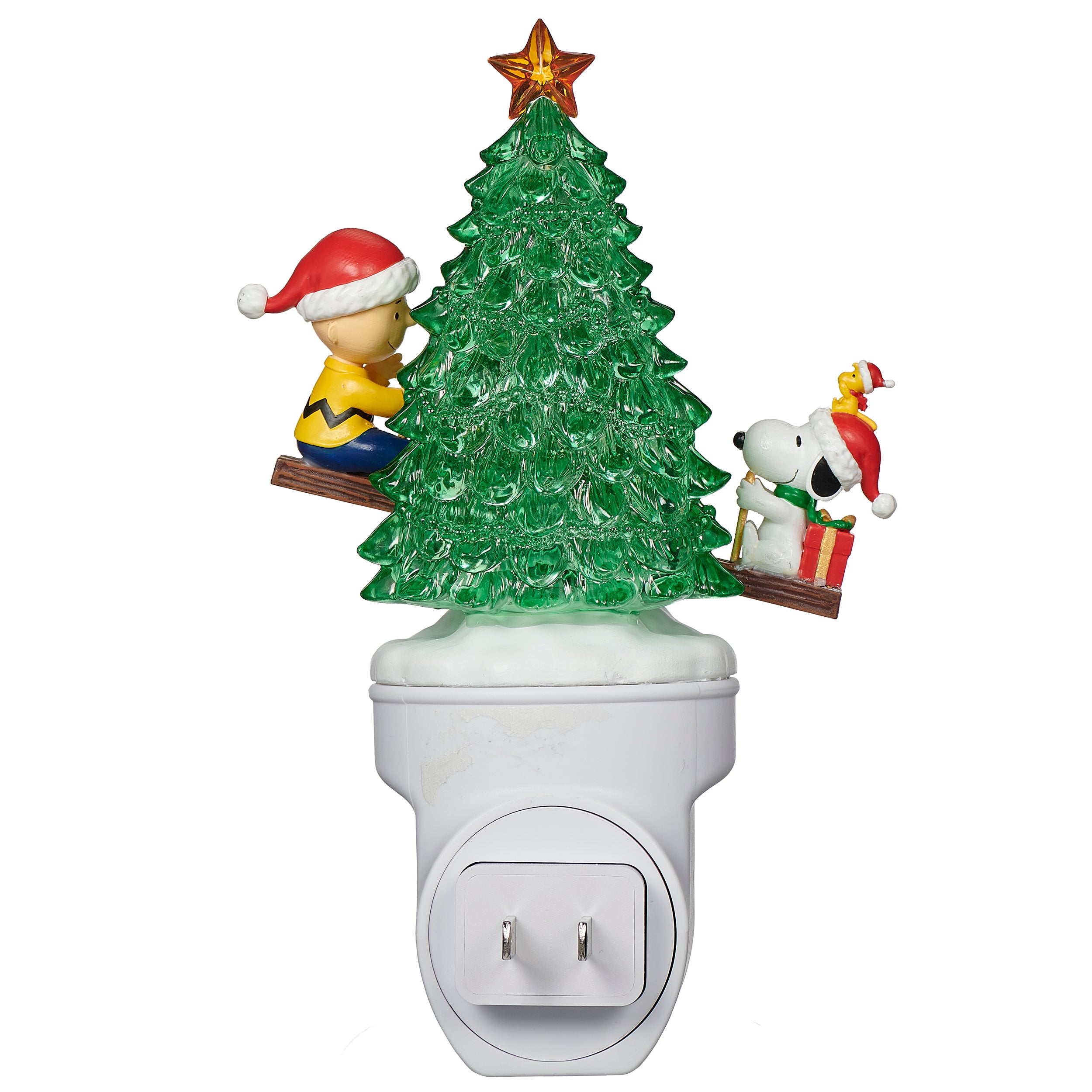 Christmas-themed night light with Charlie Brown and Snoopy on a white background