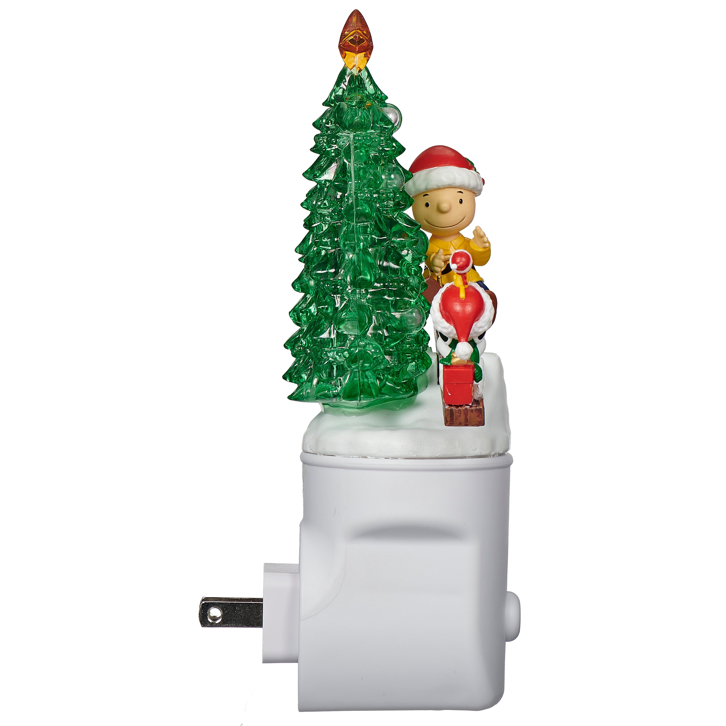 Decorative night light with a Christmas tree and Charlie Brown on a white background