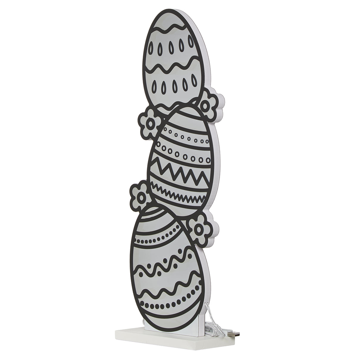Easter Egg Tower lighted table decor with stacked decorative eggs, angled view