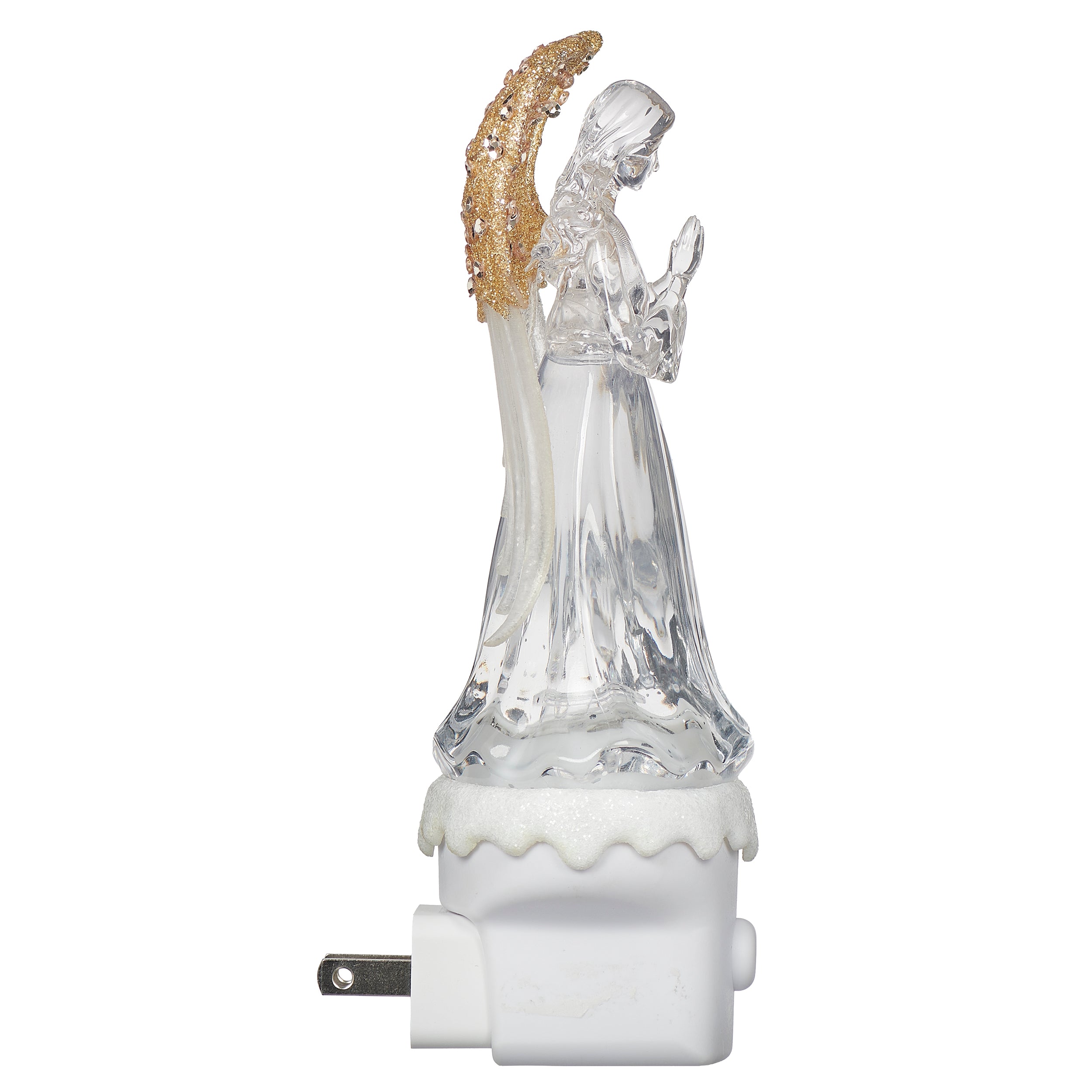 Crystal angel night light with gold halo on a white background