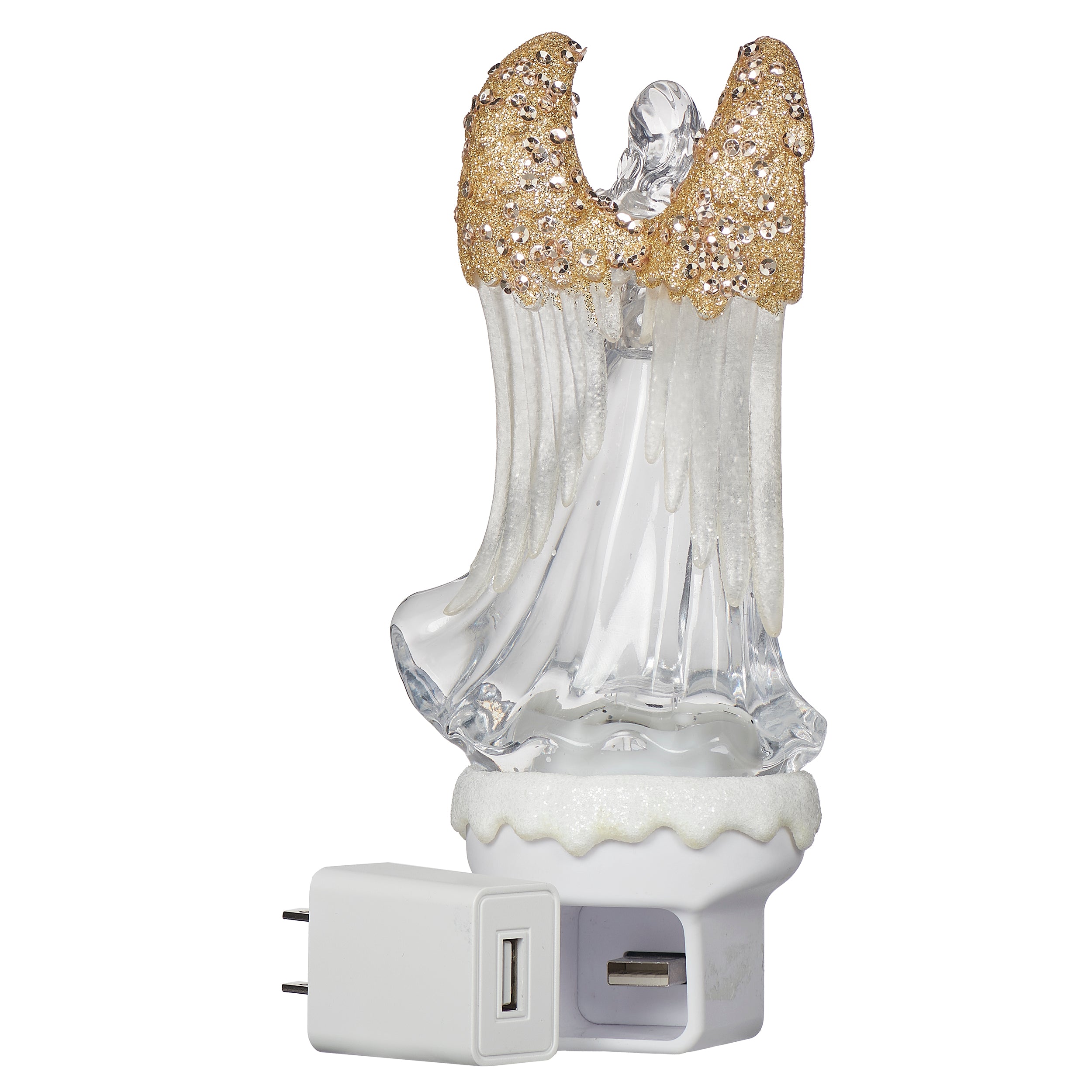 Decorative angel night light with gold wings on a white background