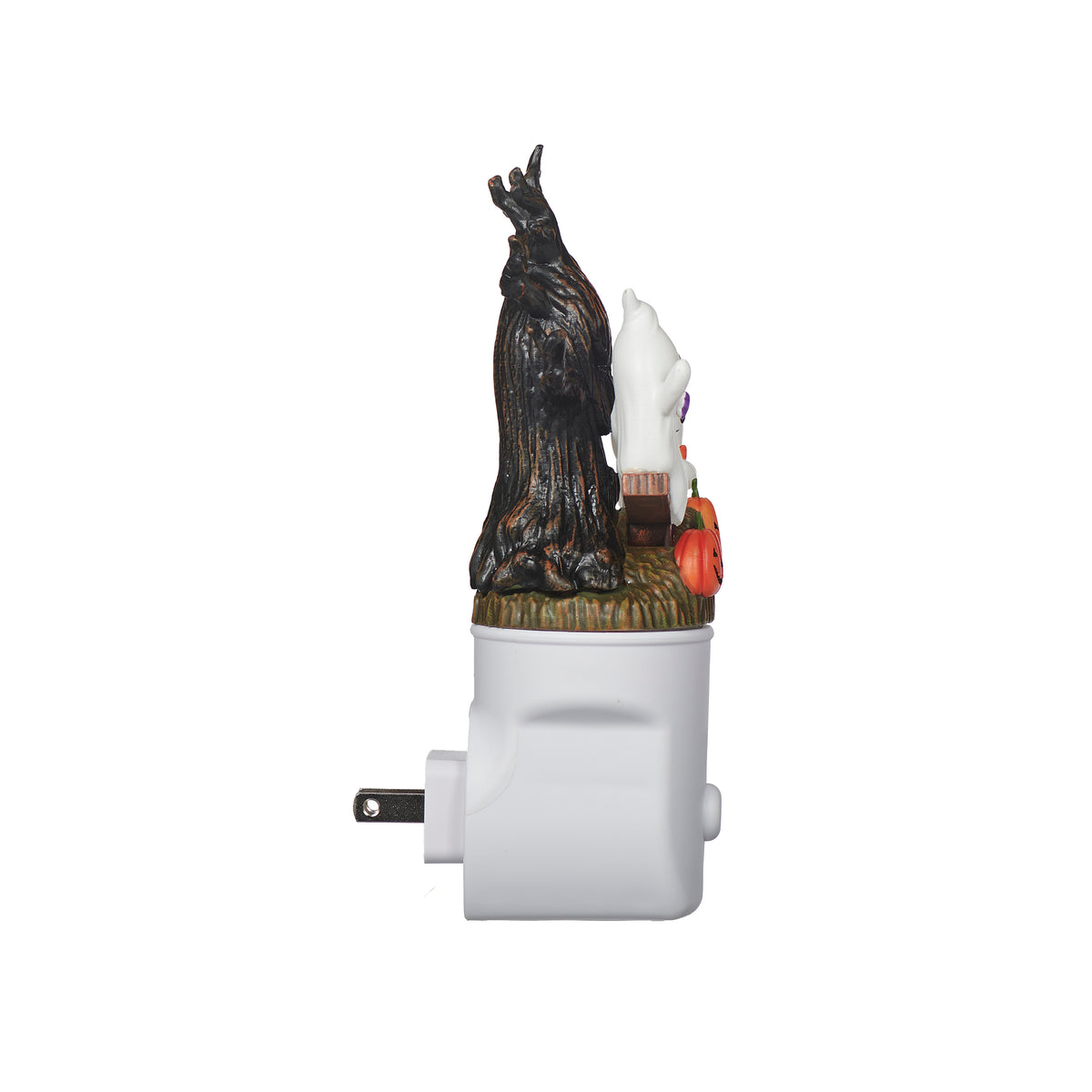 Three-quarter view of Halloween night-light with ghosts and spooky tree