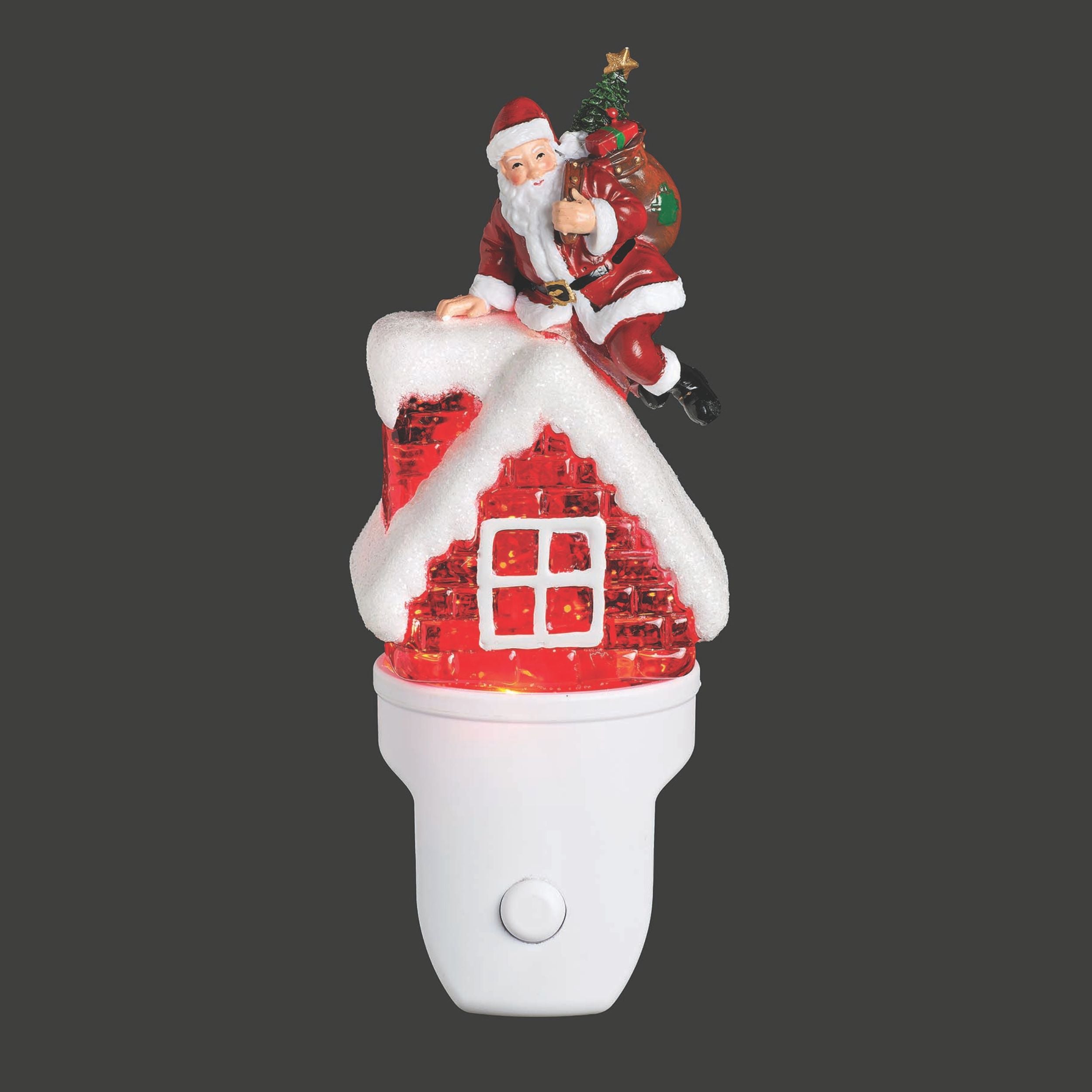 Decorative night light with Santa Claus and a house on top, featuring red and white colors.