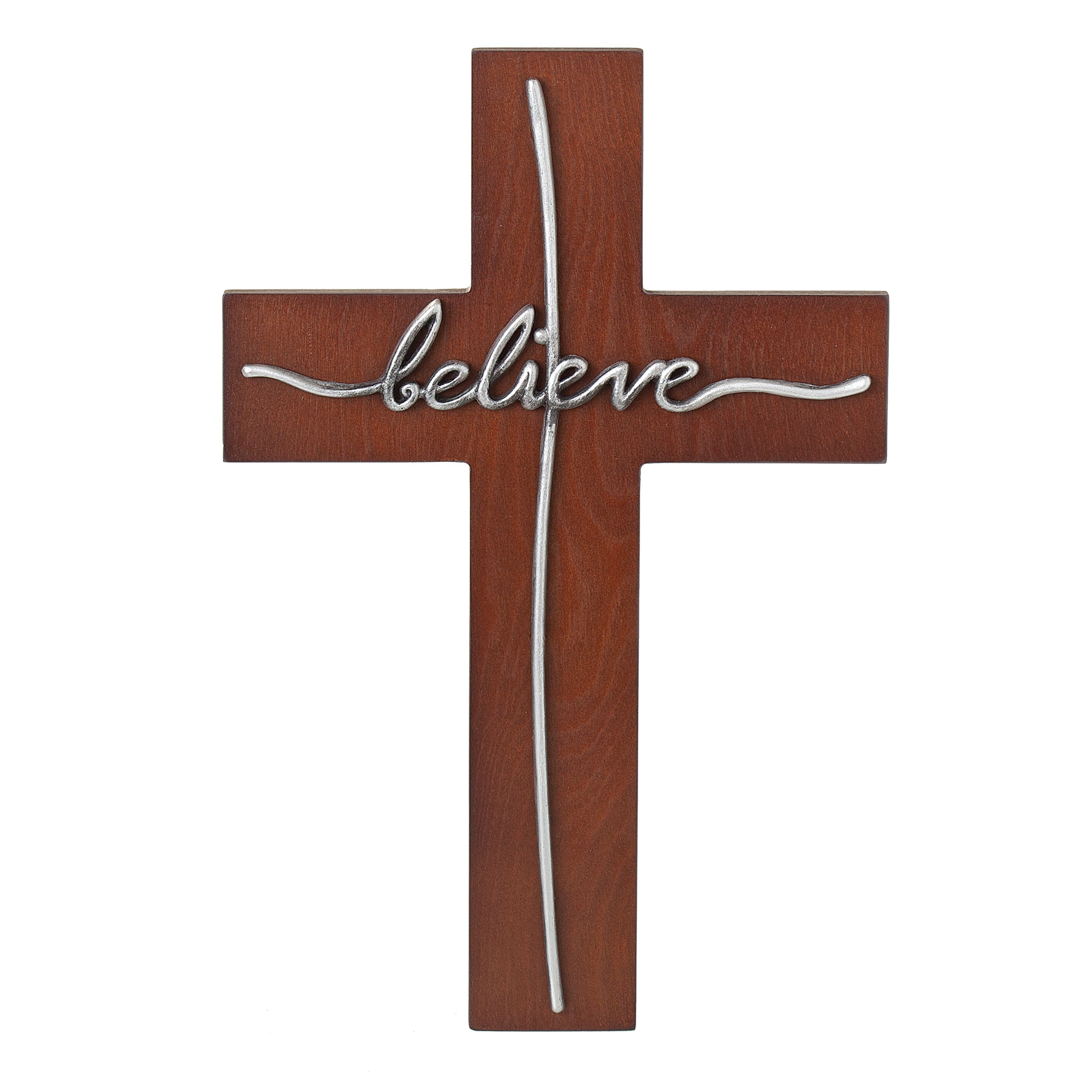 Believe Metal Script Wood Tone Wall Cross