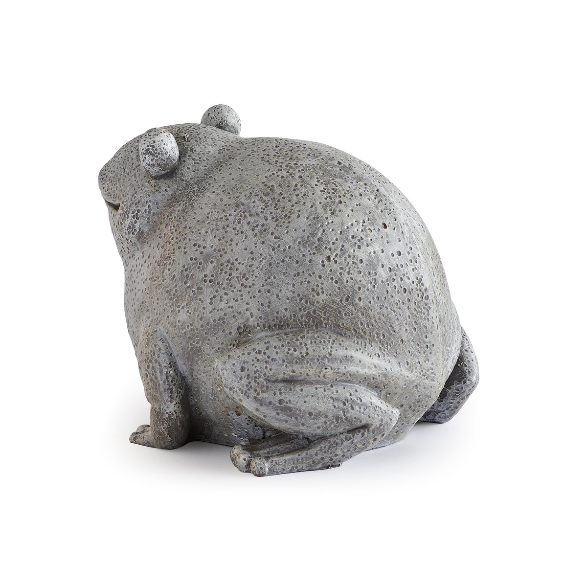 Rear angled view of Pudgy Pals Frog Garden Statue showing the rounded body, sculpted legs, and textured gray finish