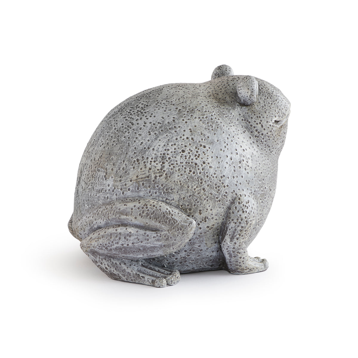 Side view of Pudgy Pals Frog Garden Statue showing the wide eyes, rounded shape, and sculpted feet