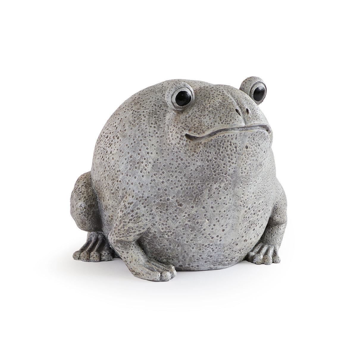 Front angled view of Pudgy Pals Frog Garden Statue showing the smiling face, textured body, and playful pose