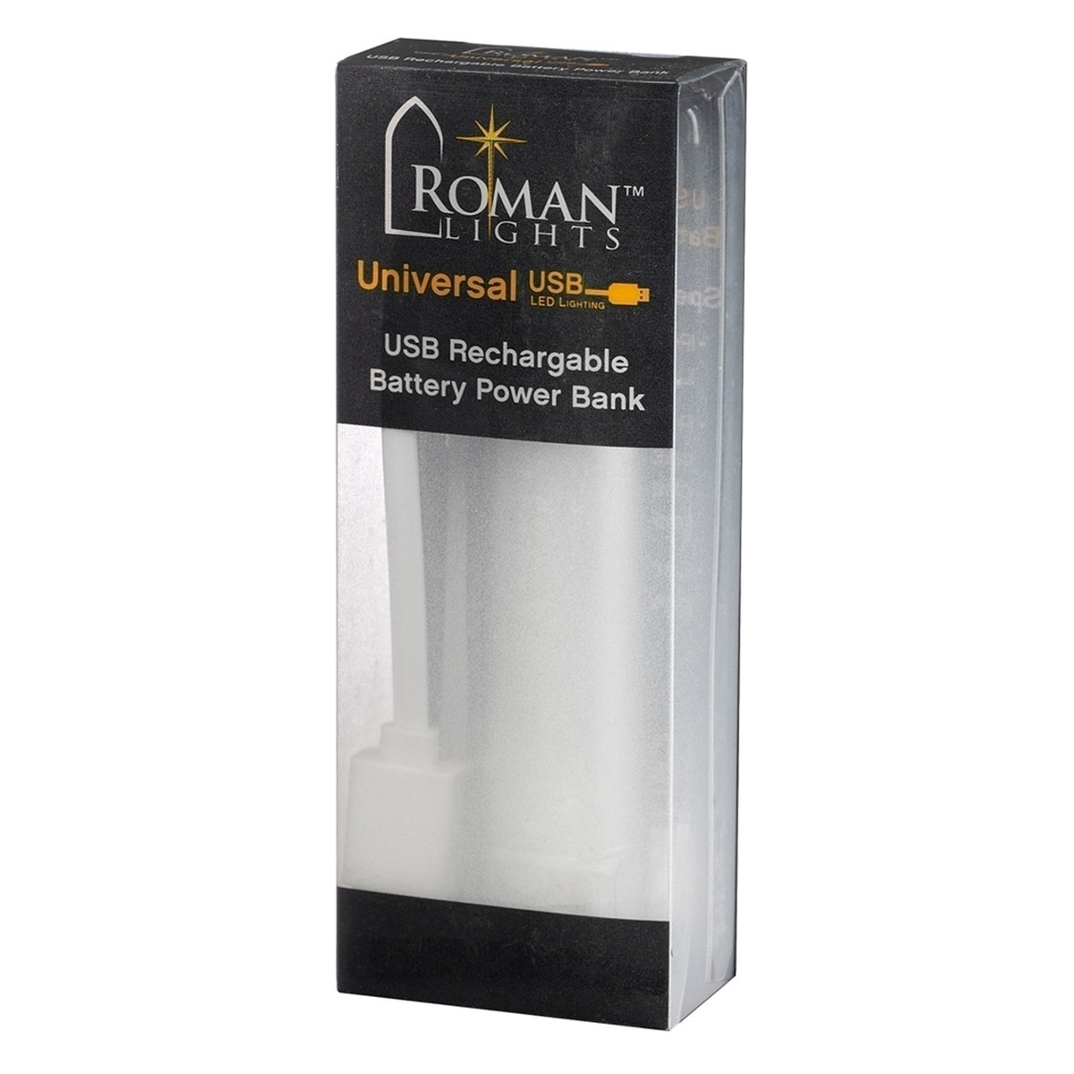 Roman Lights USB rechargeable power bank in its retail packaging.