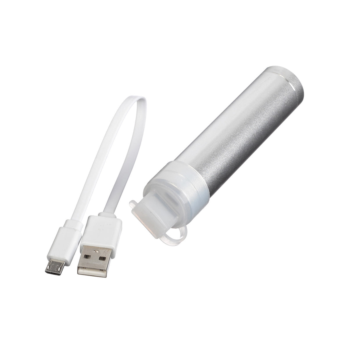 Silver Roman Lights power bank beside a white USB to Micro USB charging cable.
