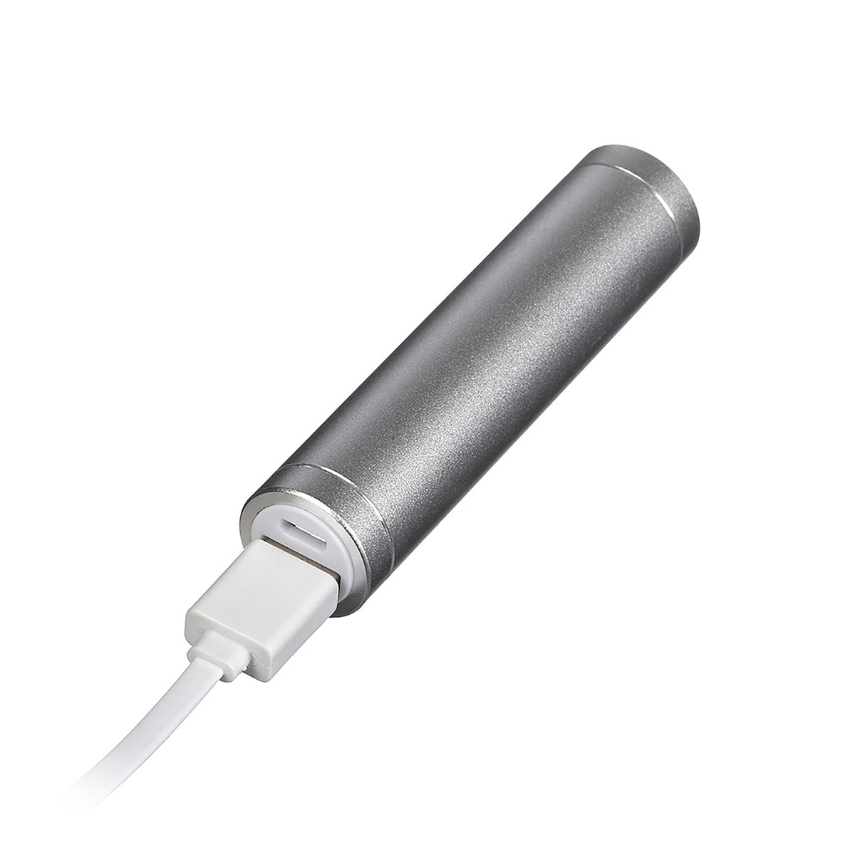 Silver Roman Lights power bank with a white cable connected to its USB port.