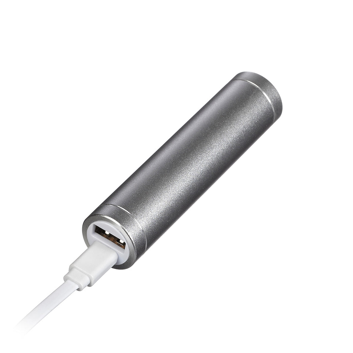 Silver Roman Lights power bank with a white charging cable connected to its Micro USB port.