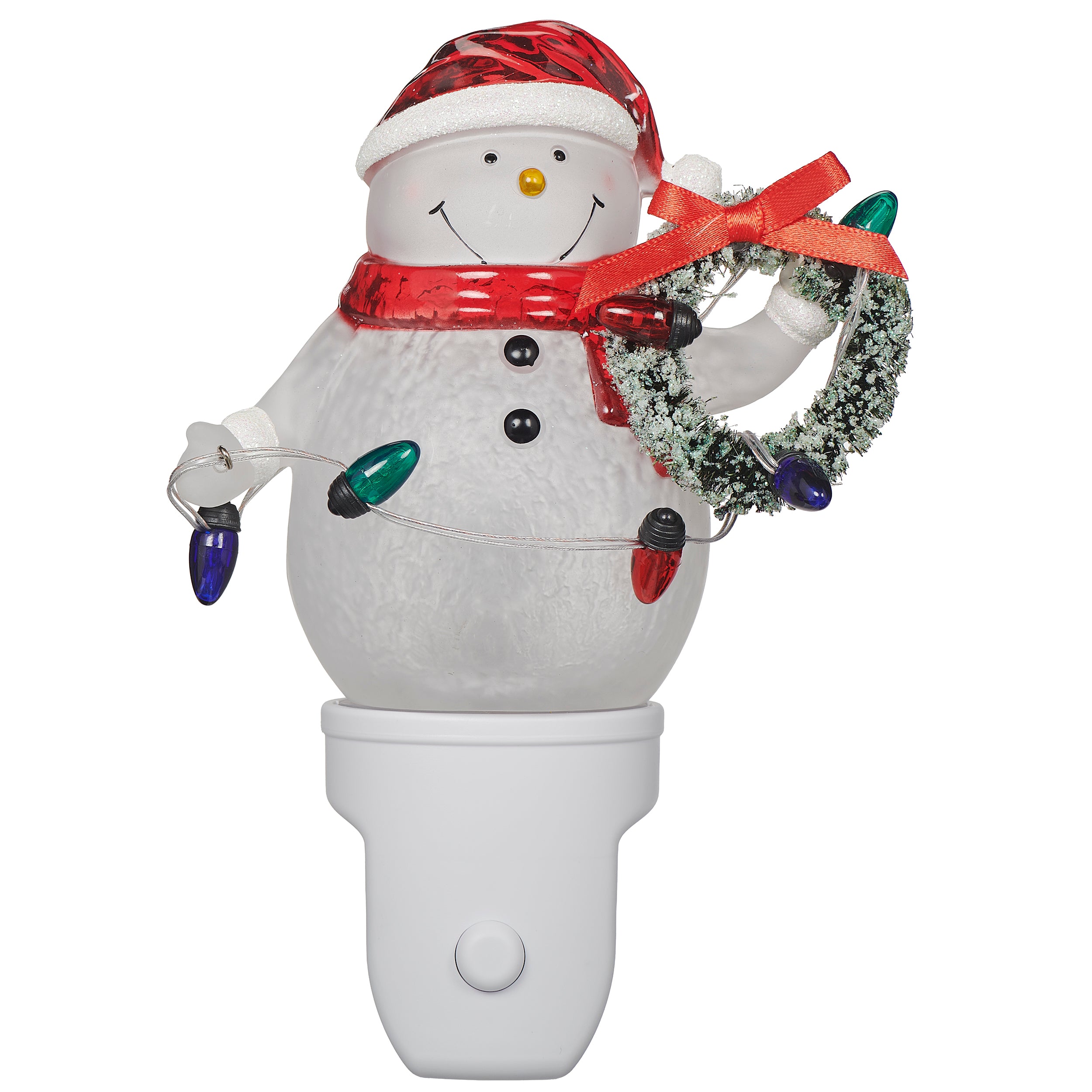 Decorative snowman night light with a wreath and Christmas lights on a white background