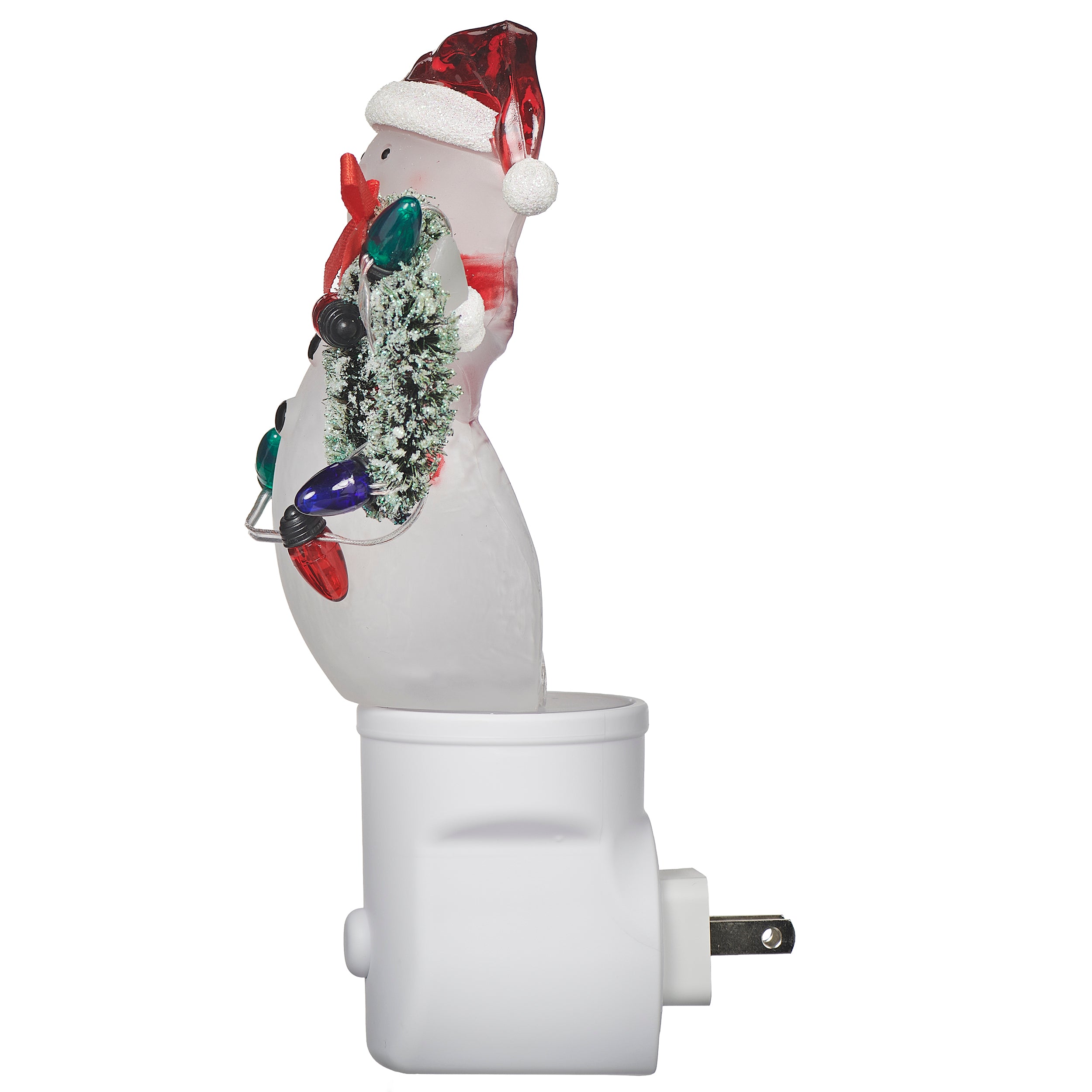 Decorative night light shaped like a snowman with Christmas lights on a white background