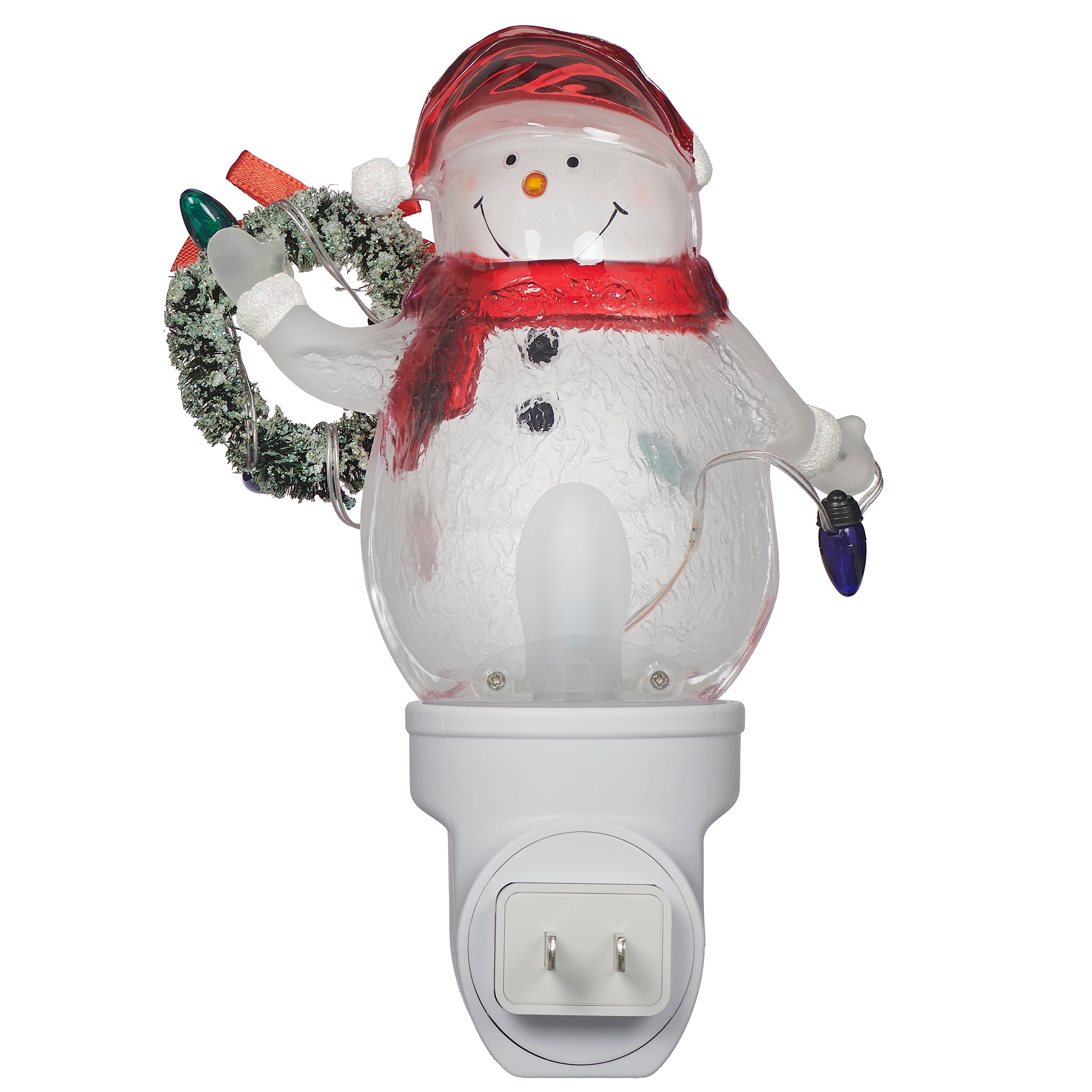 Snowman night light with wreath and Christmas lights on a white background