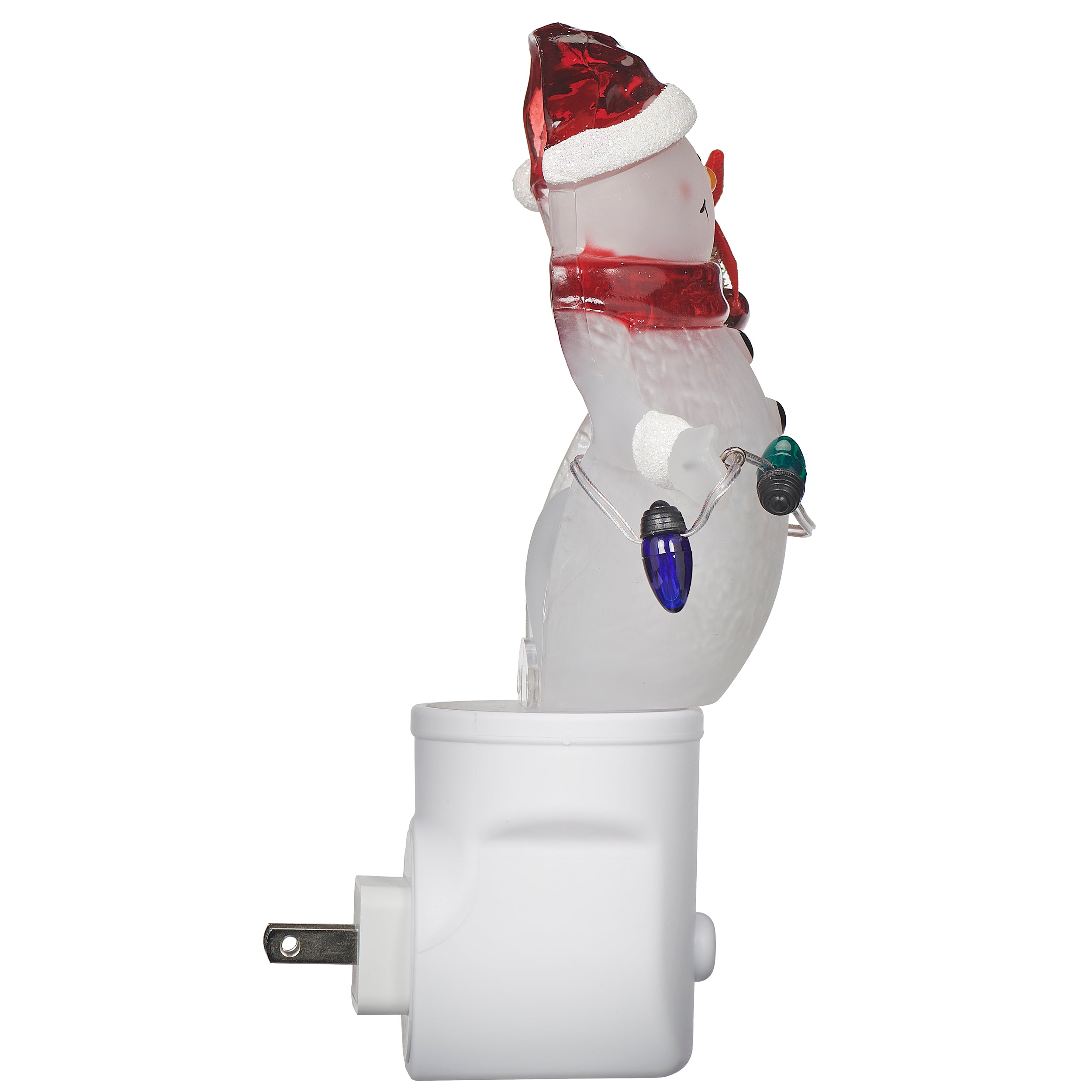 Inflatable snowman with a Santa hat and Christmas lights on a white background