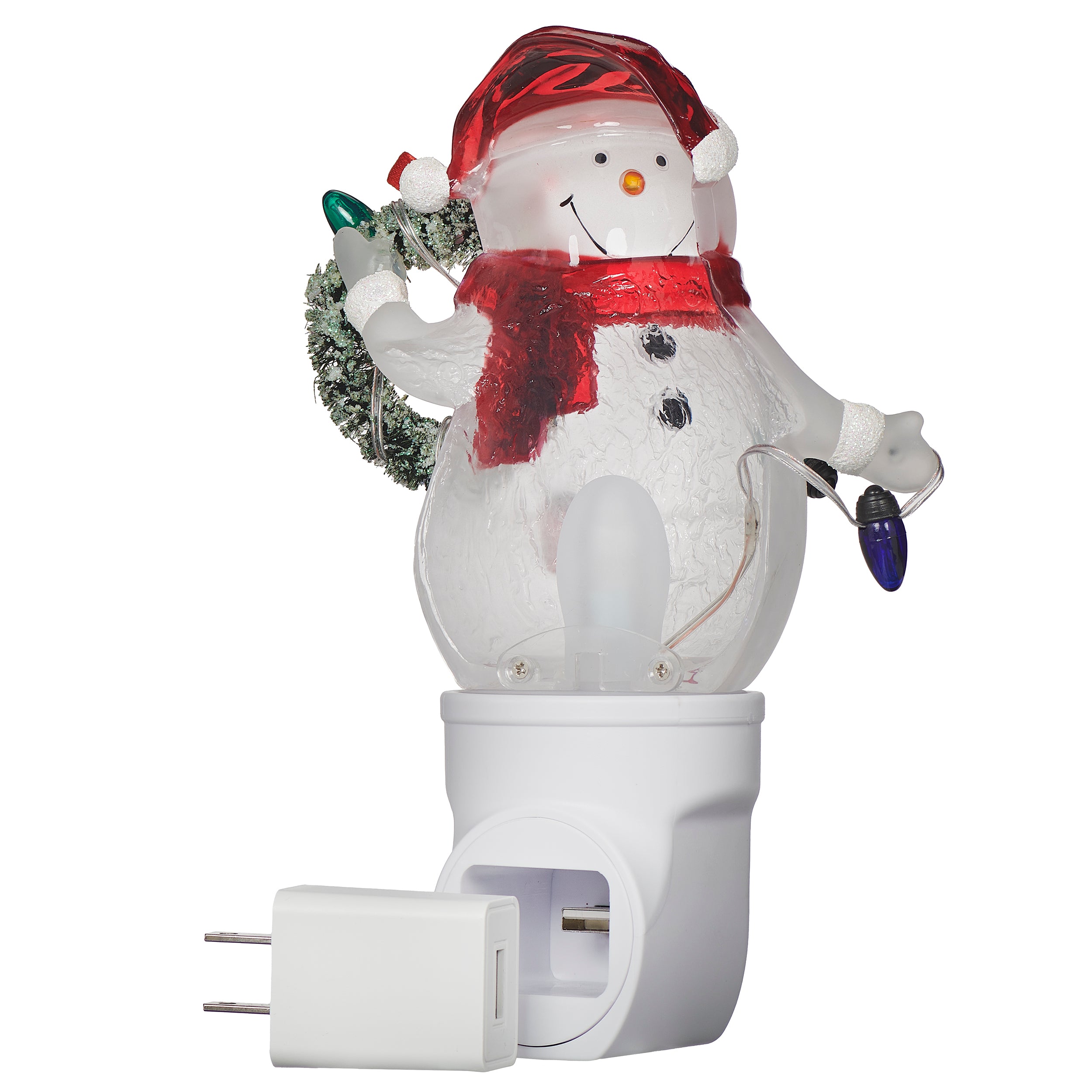 Snowman night light with red hat and scarf on a white background
