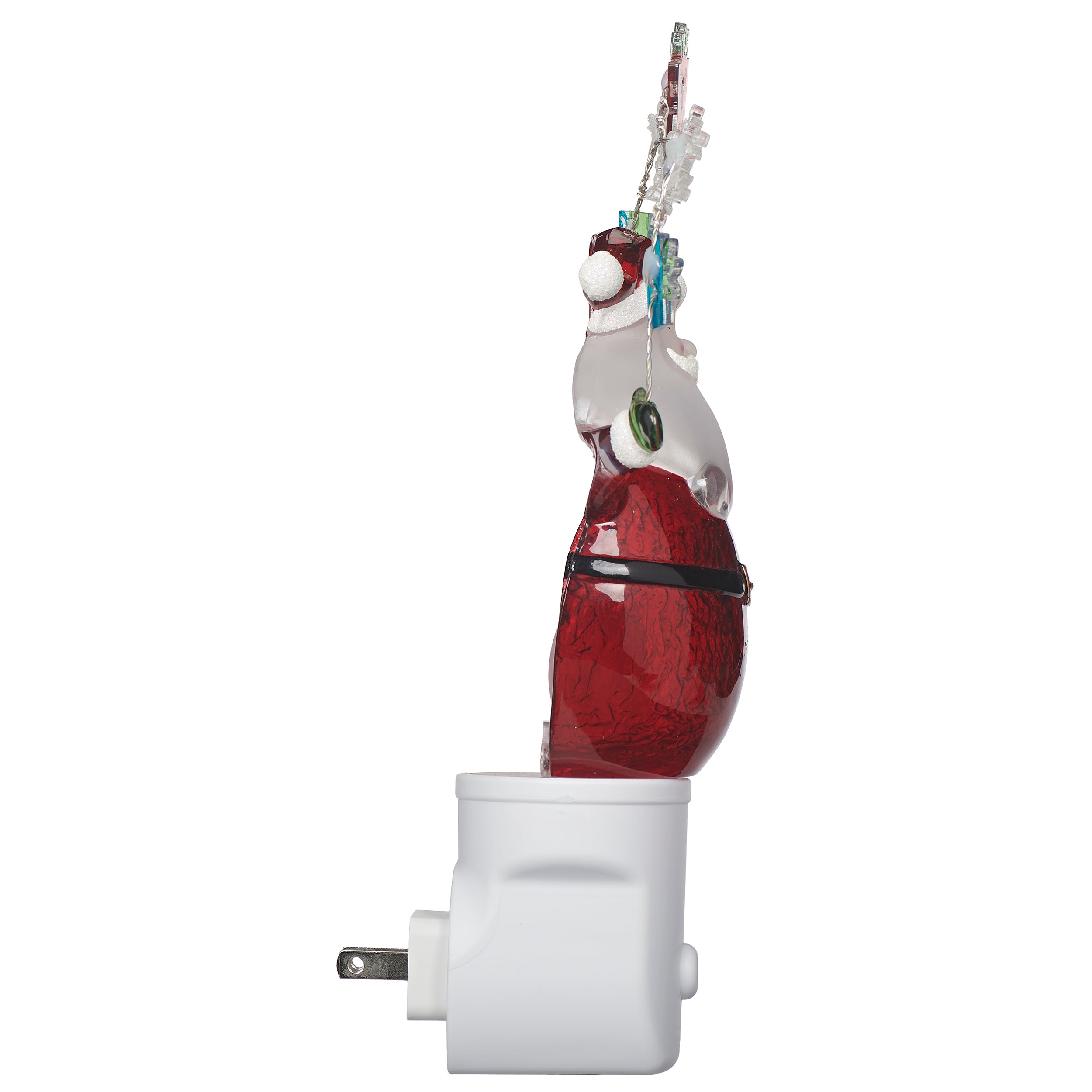Decorative light shaped like Santa with a white base on a white background