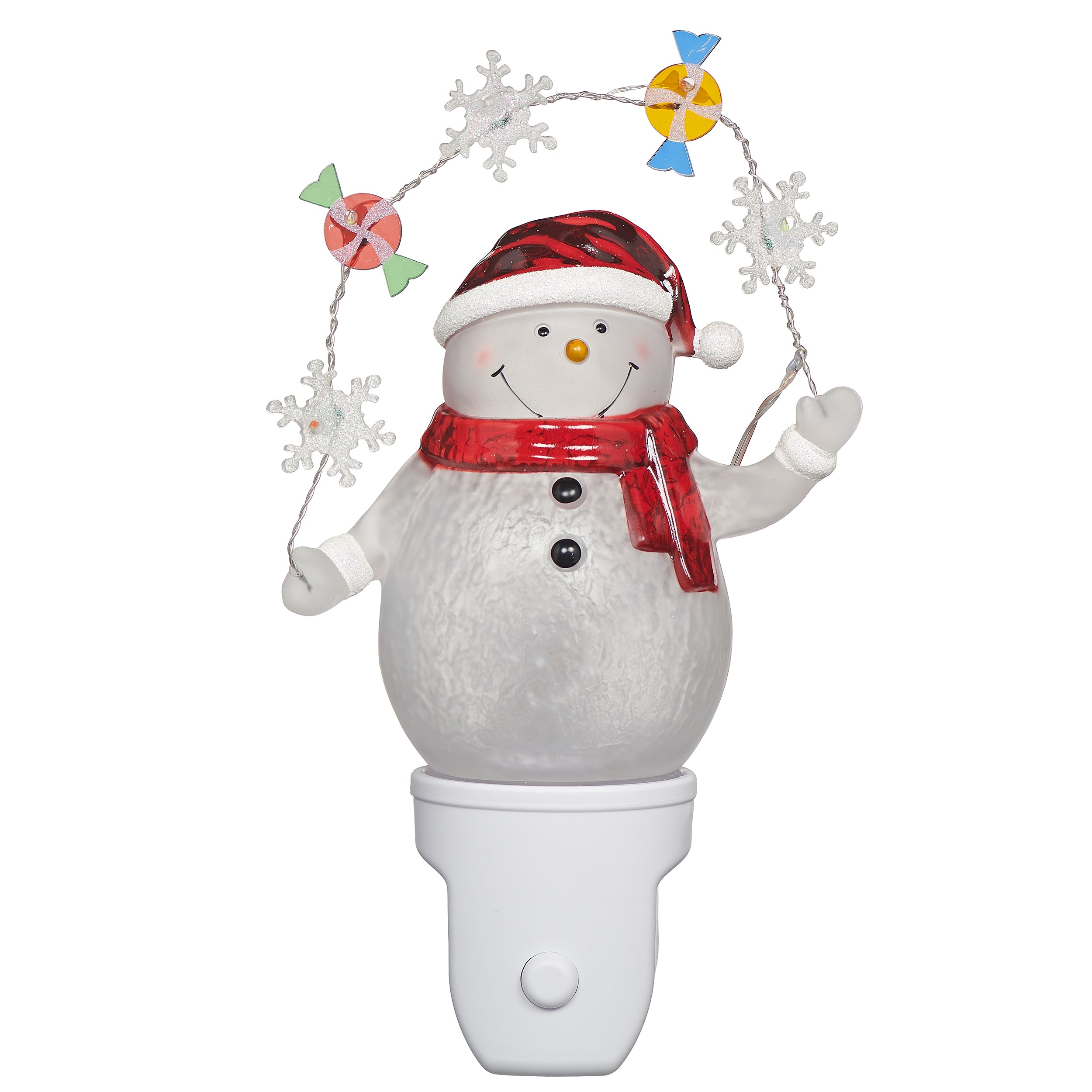 Decorative snowman night light with colorful accents on a white background