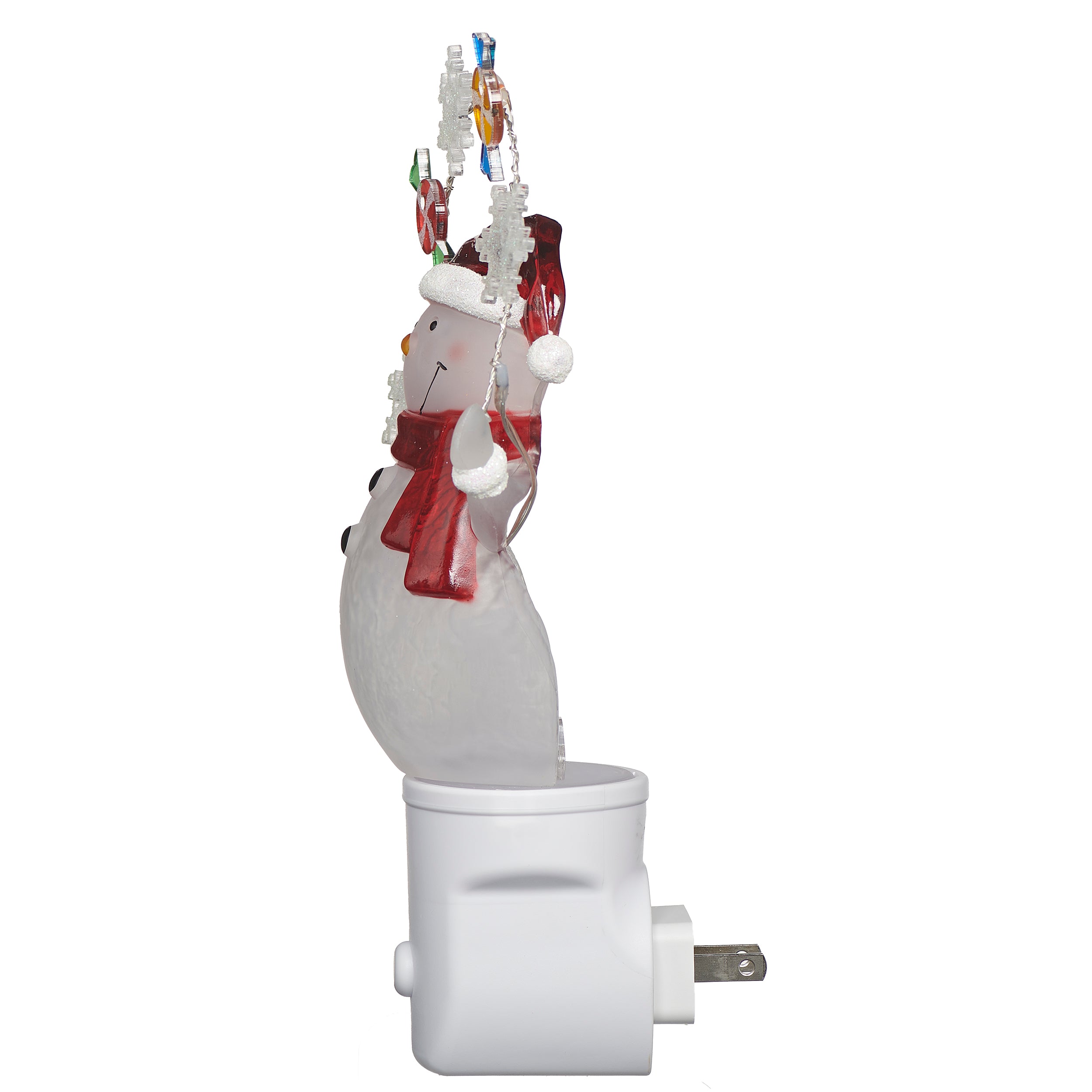 Decorative snowman night light with candy canes on a white background