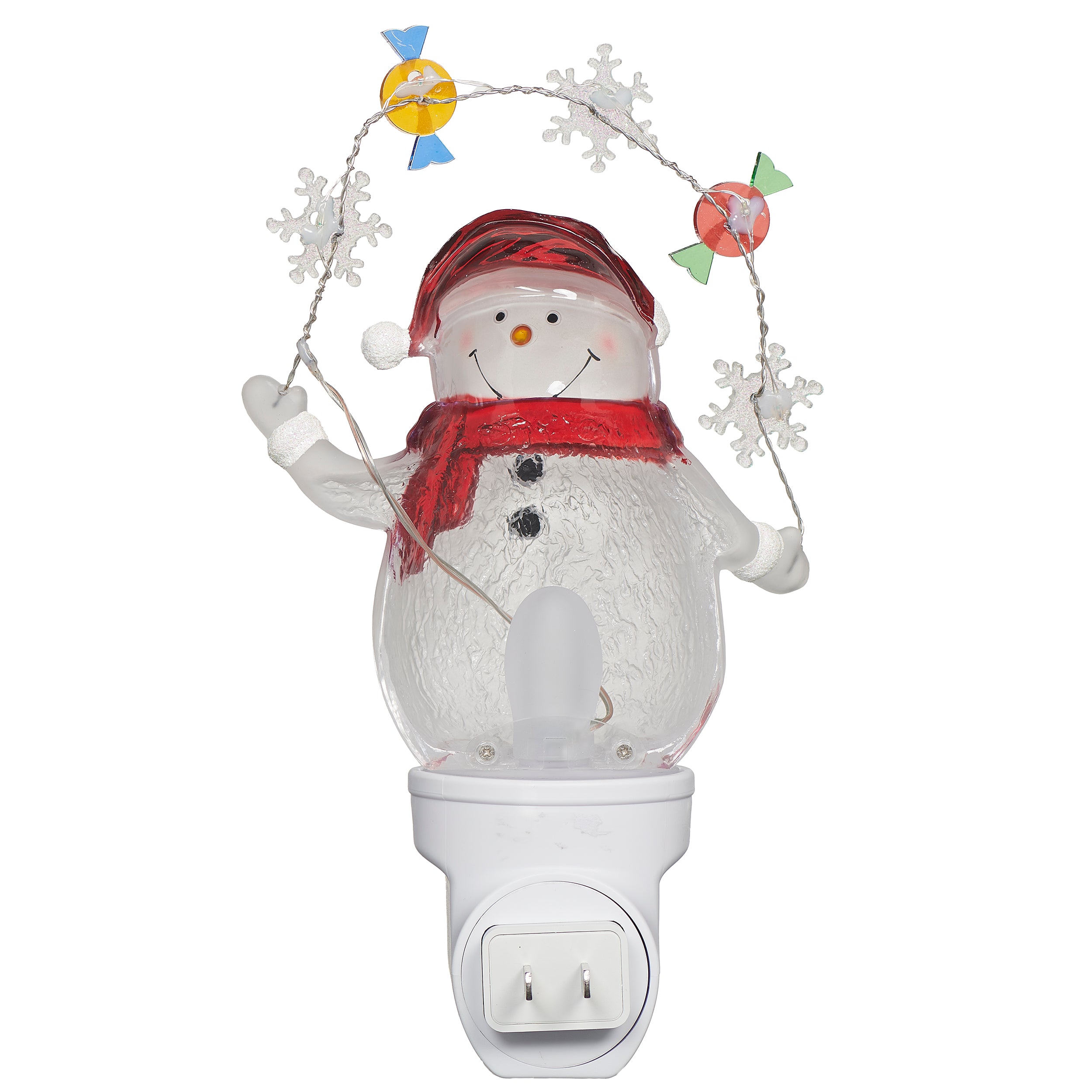 Snowman night light with colorful accents on a white background