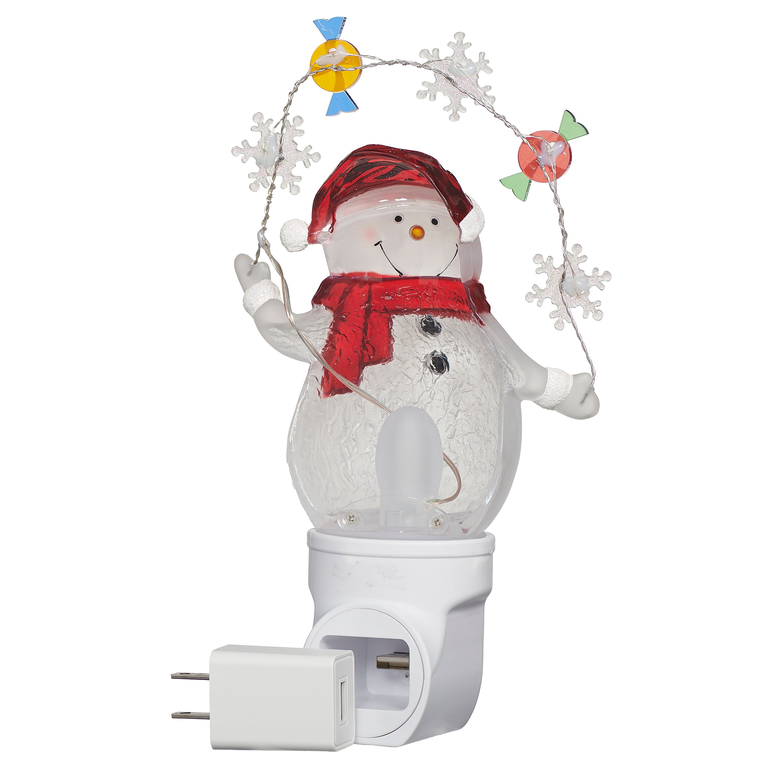 Snowman-shaped night light with a red scarf and candy cane on a white background