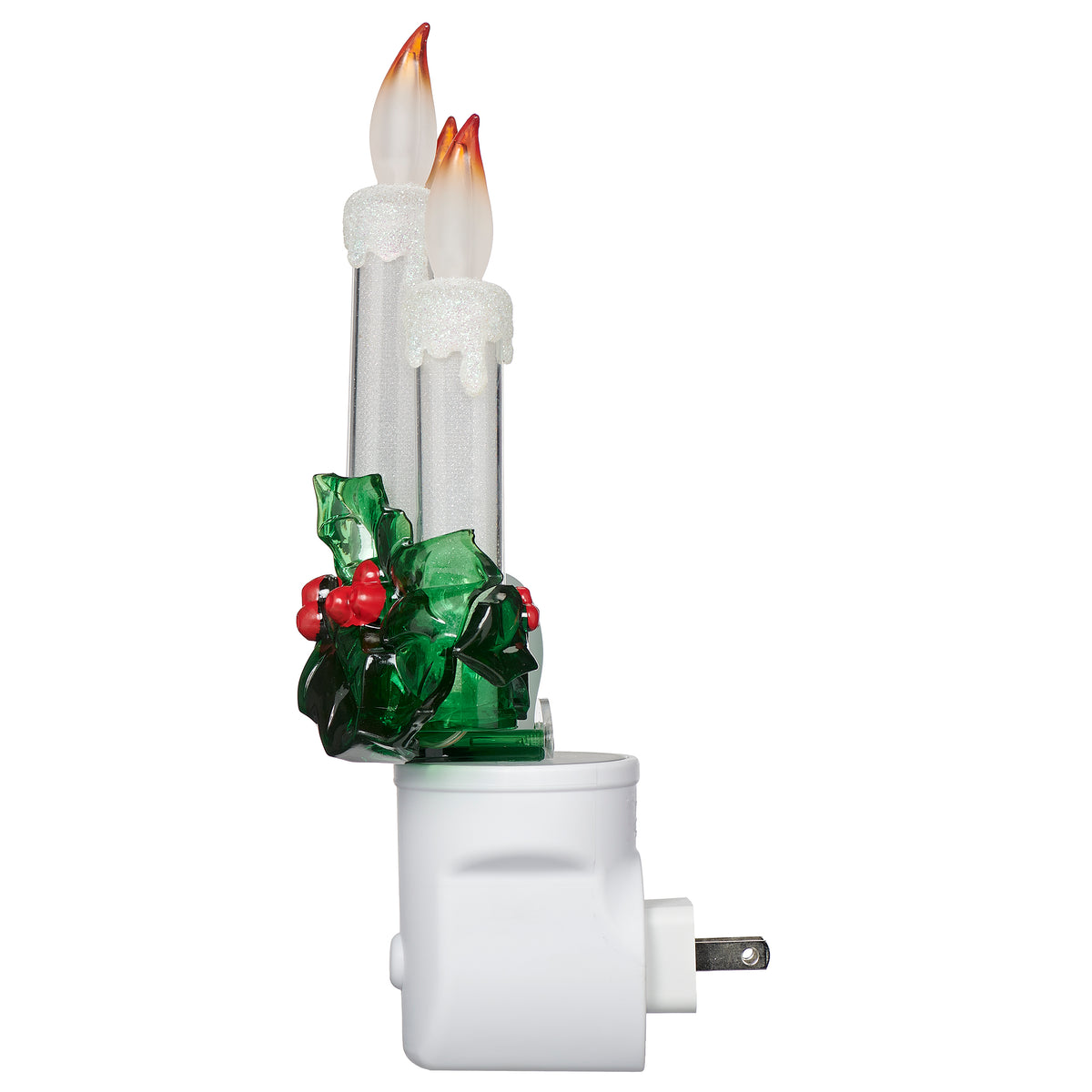Side view of Triple Candle with Holly Night-Light showing the tall candles, holly accents, and plug-in base