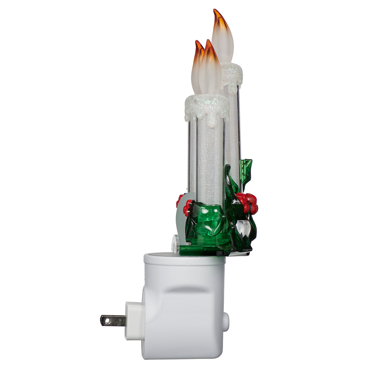 Opposite side view of Triple Candle with Holly Night-Light showing the candle arrangement, holly leaves, and red berry accents