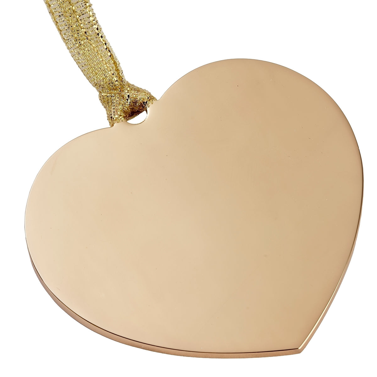 Rear view of 50th anniversary heart ornament showing its plain gold-toned back and hanging ribbon.