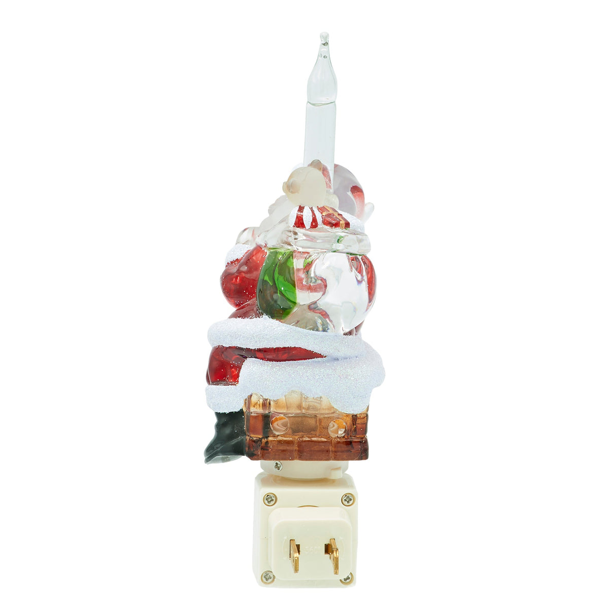 Front view of Santa in Chimney Bubble Night-Light showing Santa, the red brick chimney, clear bubble tube, and white swivel plug