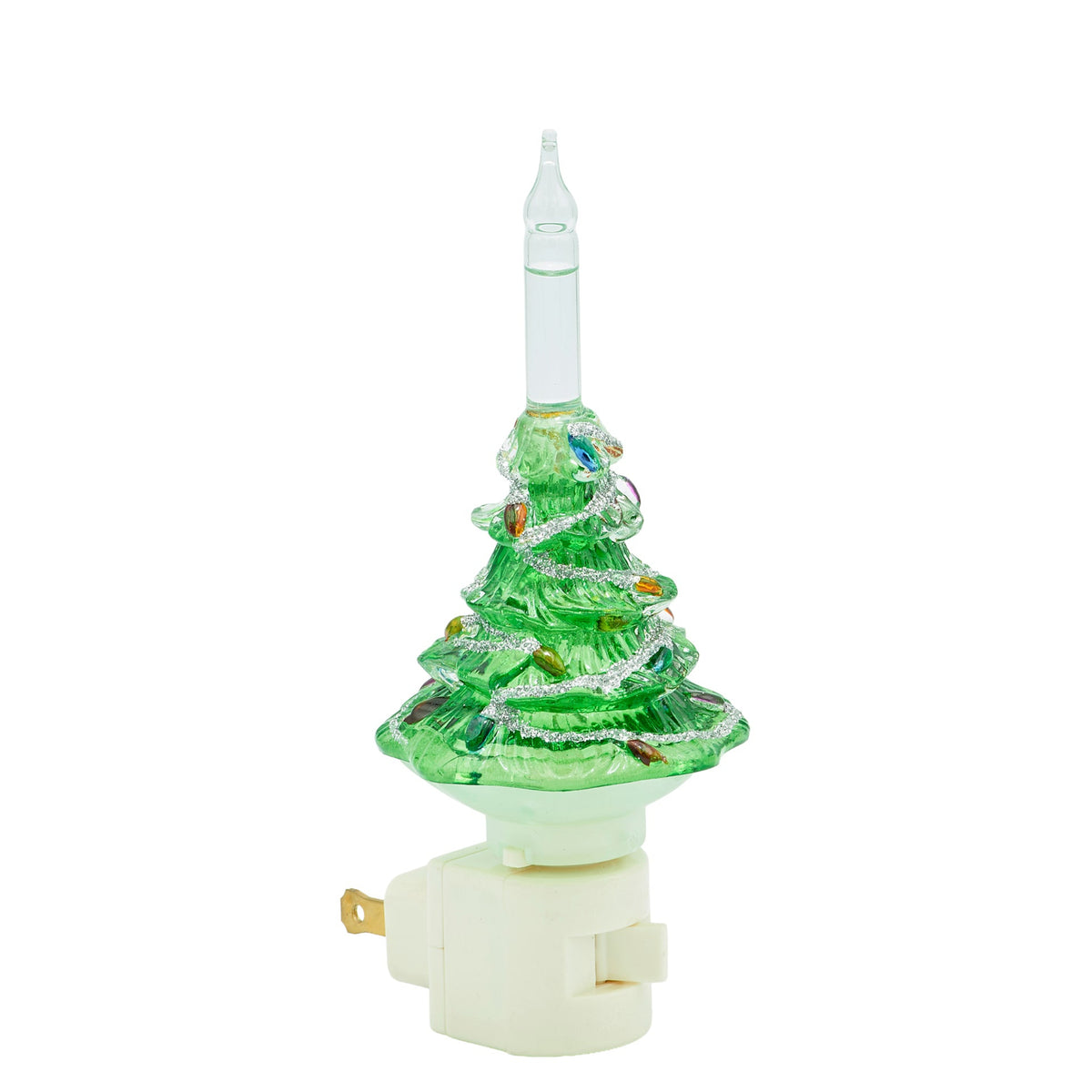 Front angled view of Christmas Tree Bubble Night-Light showing the illuminated tree, bubble tube, and plug-in base