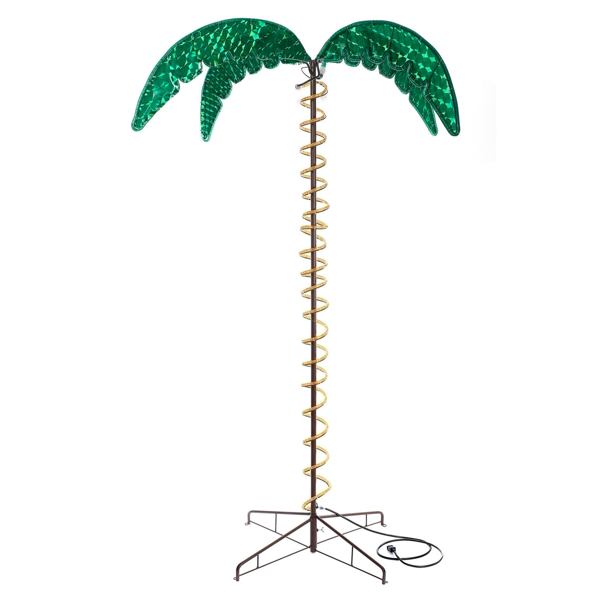 Full view of Roman Lights rope light palm tree showing green fronds, a slender wrapped trunk, metal support legs, and power cord.
