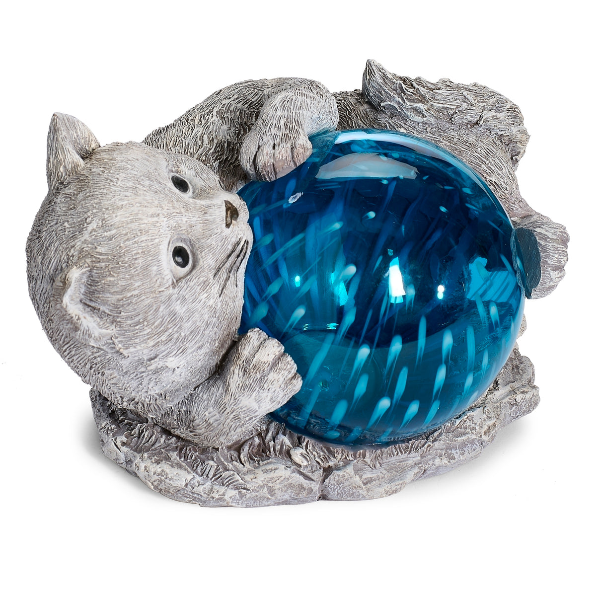 Front angled view of Pudgy Pals Solar-Powered Cat Garden Statue showing the gray cat, textured details, and blue solar orb