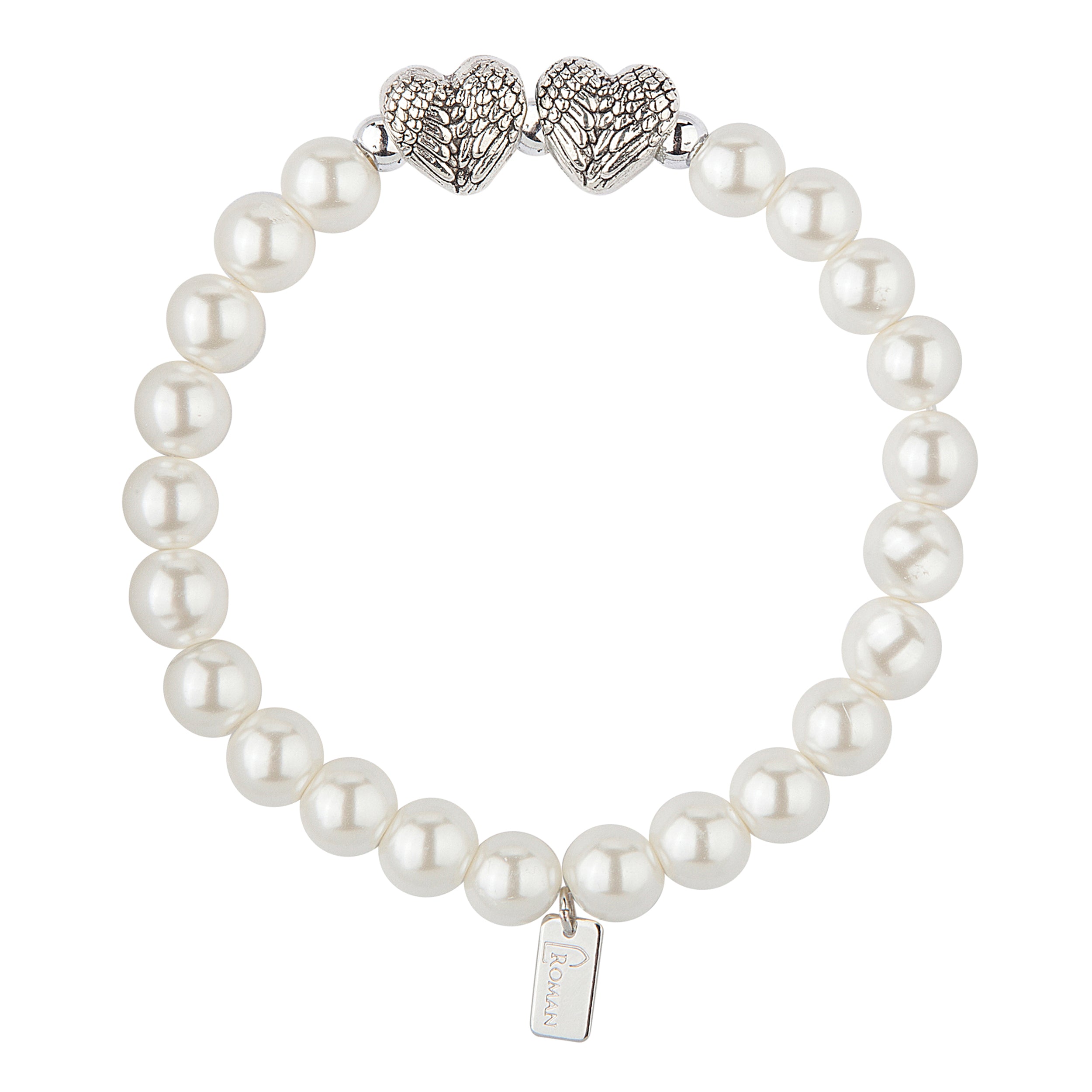 Mother's Elegant White Faux Pearl & Heart Charm Strecth Bracelet by Number of Children