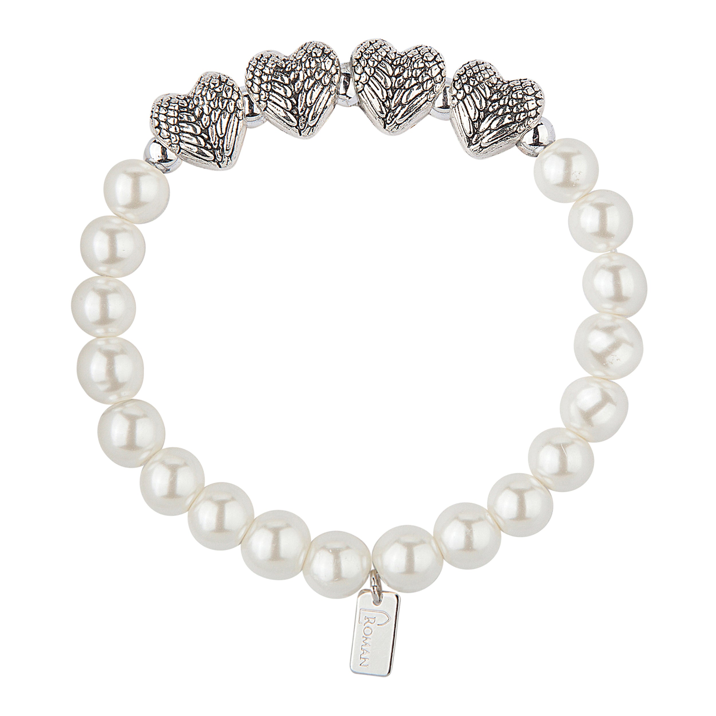 Mother's Elegant White Faux Pearl & Heart Charm Strecth Bracelet by Number of Children
