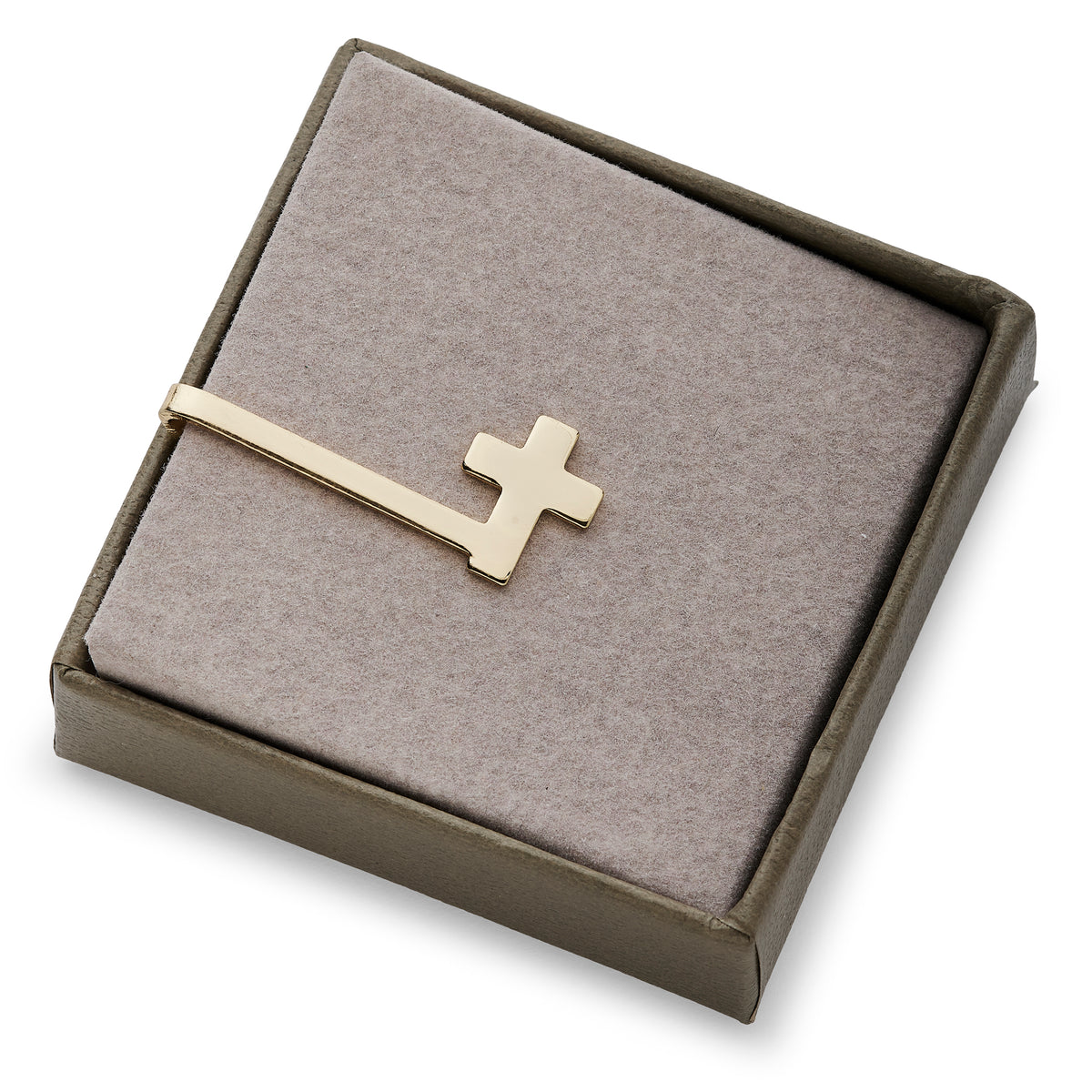First Communion Cross Gold Tie Bar displayed on a dark presentation box with the gold cross accent visible