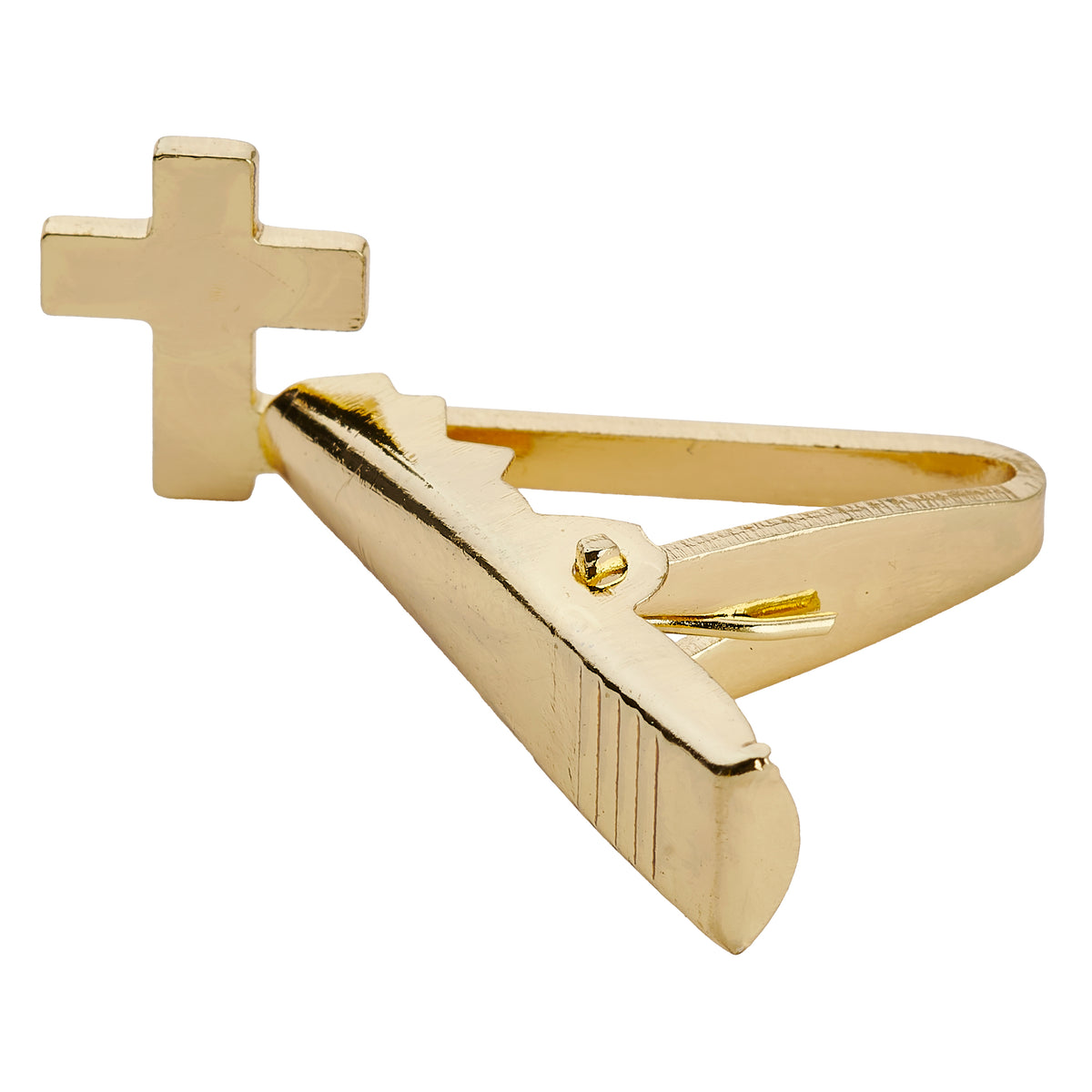 Close-up of First Communion Cross Gold Tie Bar highlighting the simple gold cross and polished clip design