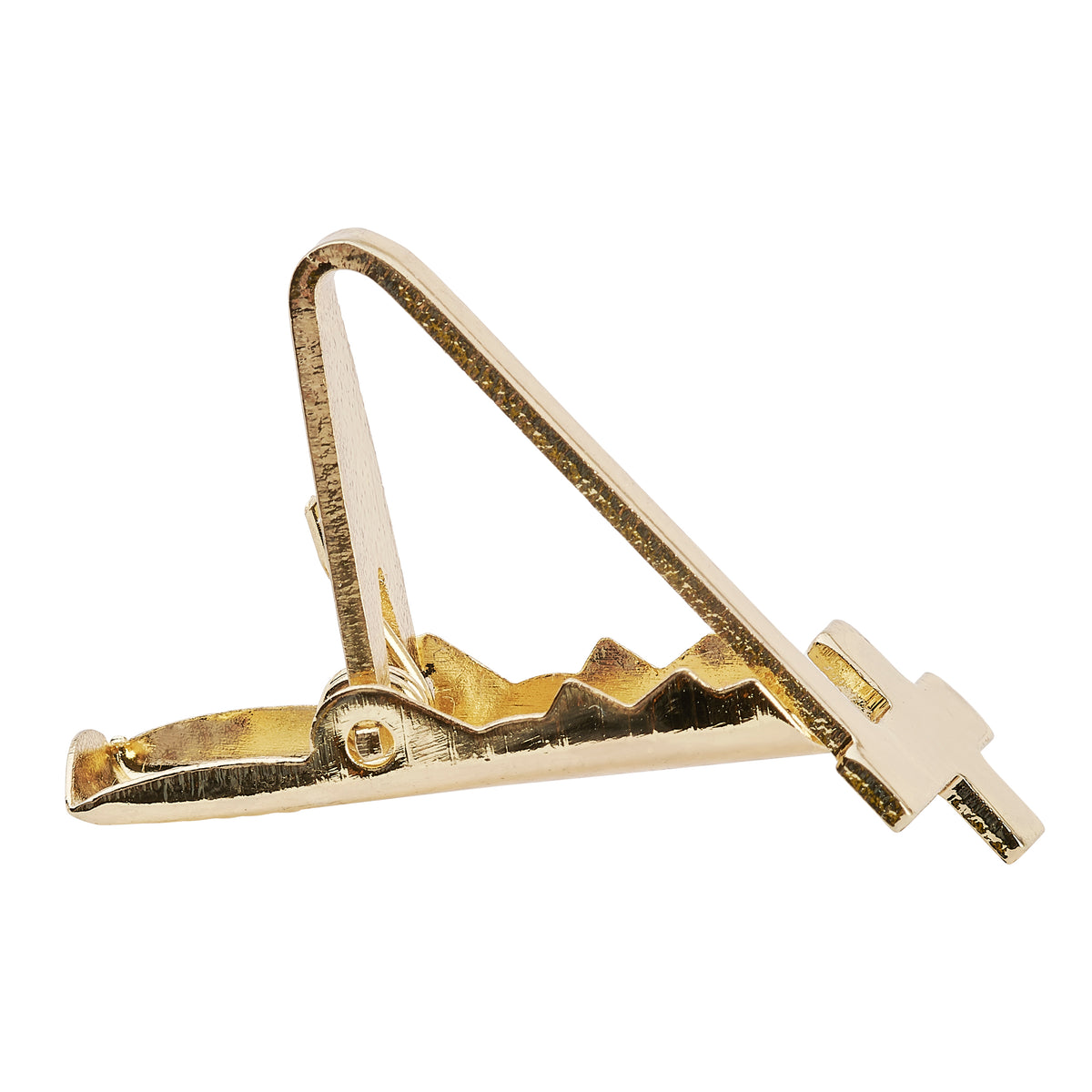 Side view of First Communion Cross Gold Tie Bar showing the hinged clip mechanism and cross accent