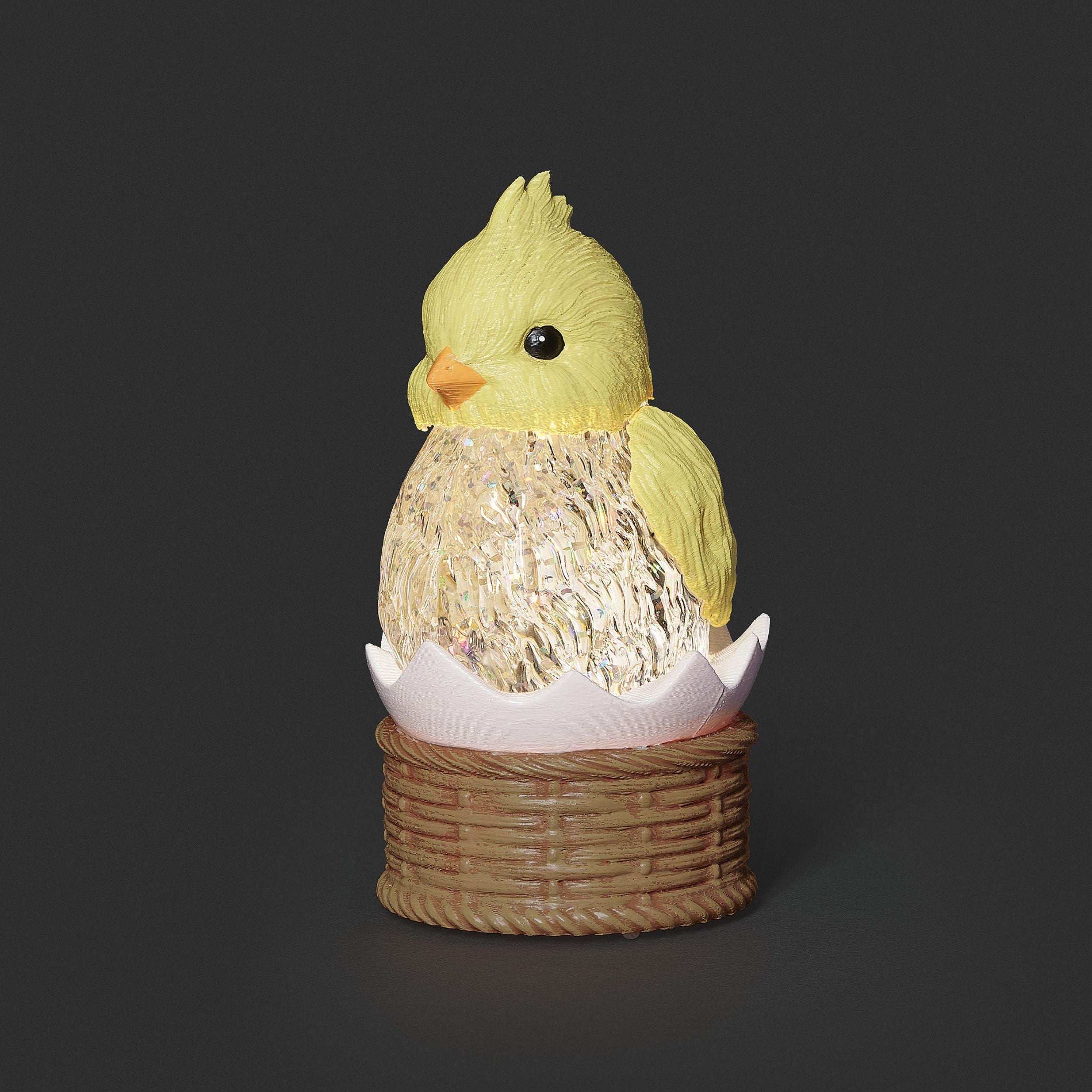 Decorative bird figure with a textured body and wicker basket on a dark background