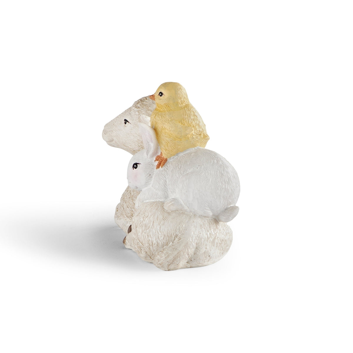 Side view of Easter lamb with bunny and yellow chick figure