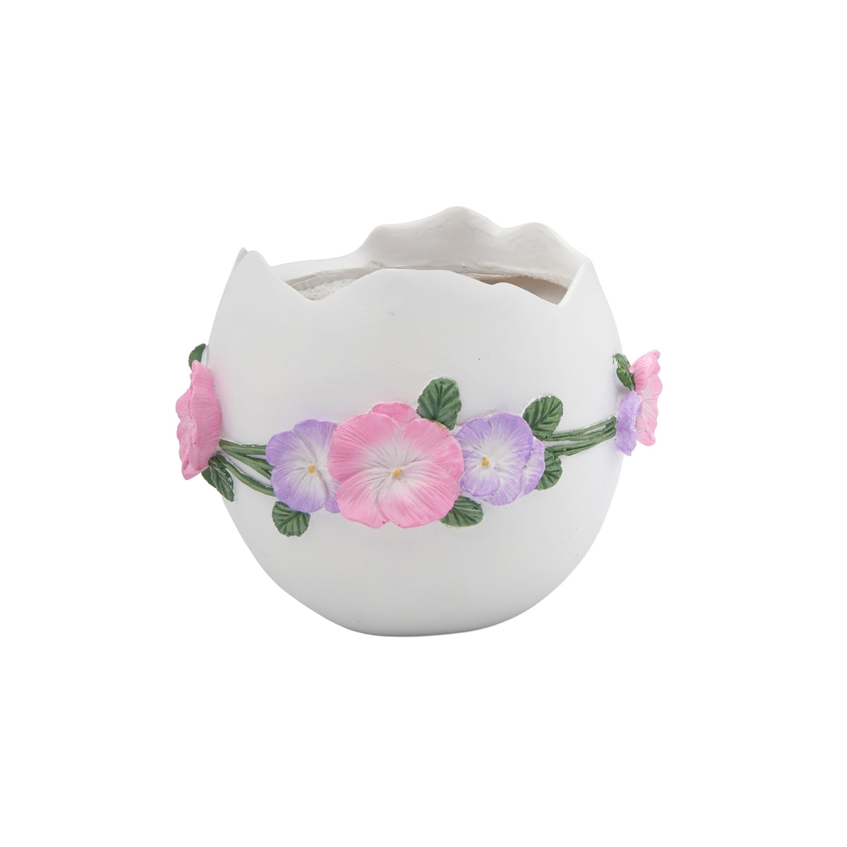 Back view of Easter egg planter with pink and purple floral accents